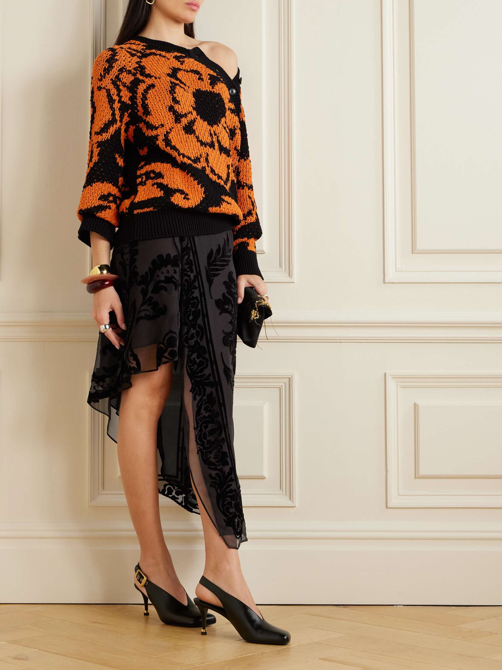 Asymmetric devoré-velvet wrap skirt view