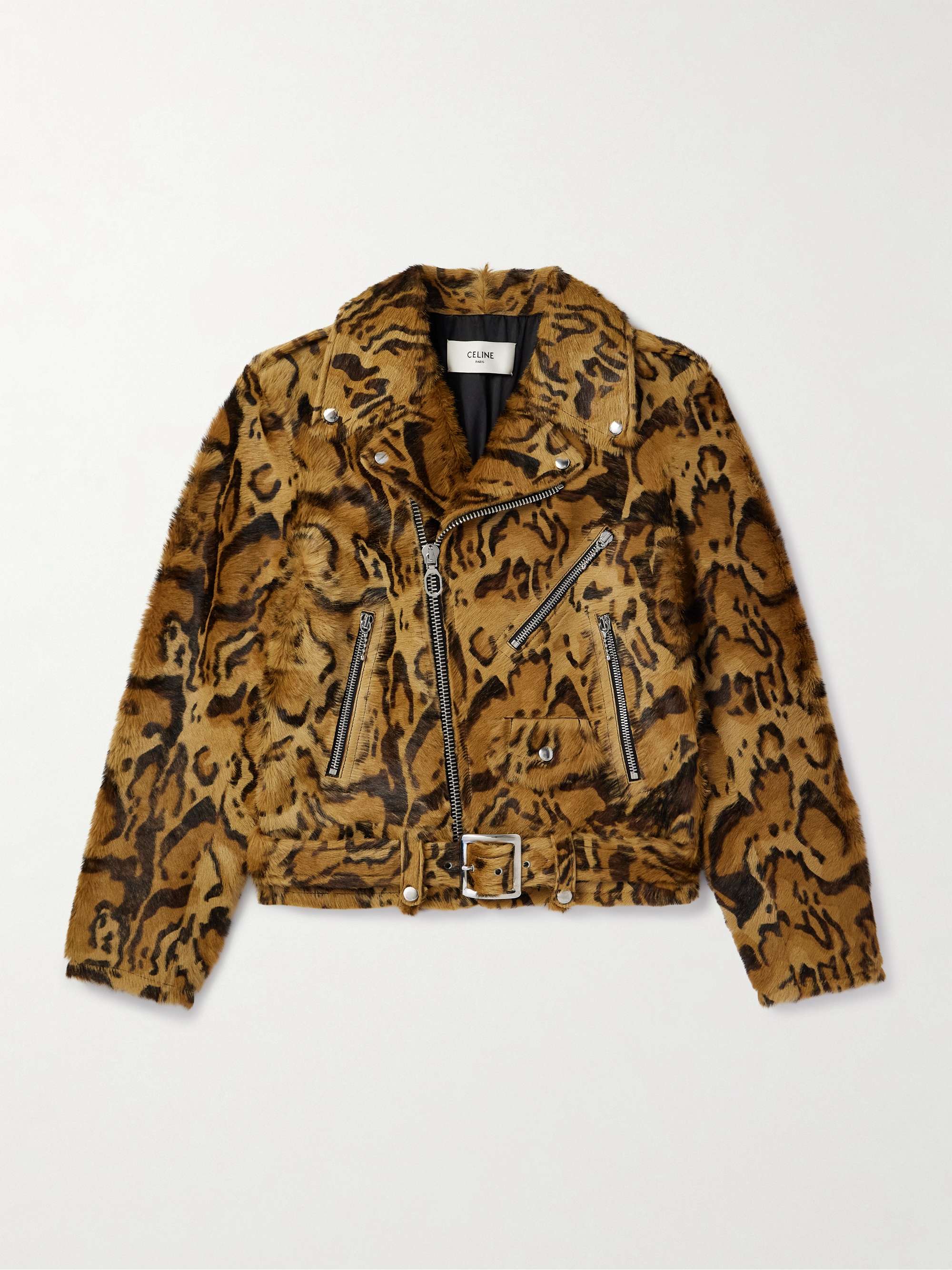 Belted Leopard-Print Goat Hair Biker Jacket view