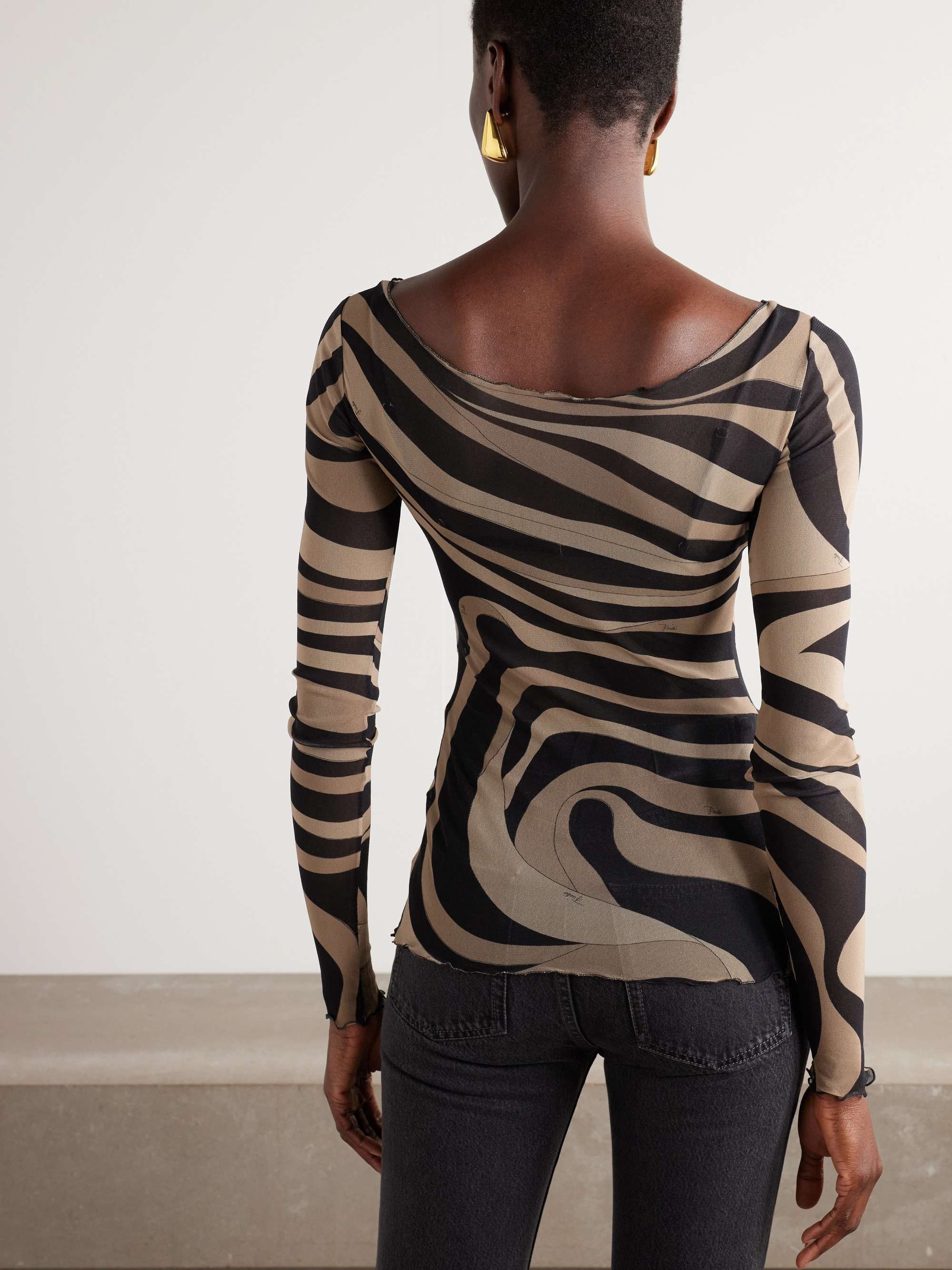 Ruffled printed chiffon top view