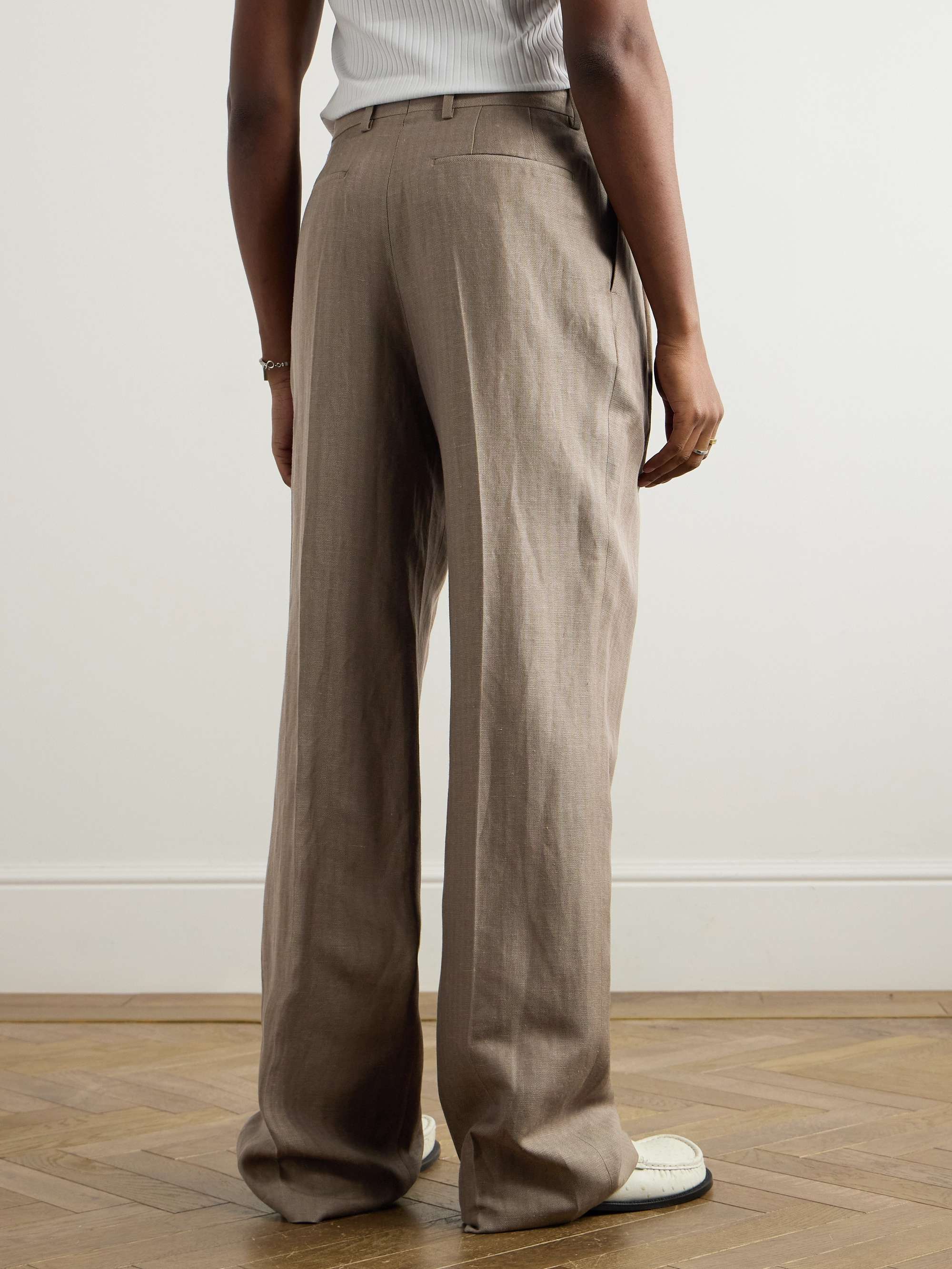 Wide-Leg Pleated Striped Linen and Wool-Blend Twill Trousers view