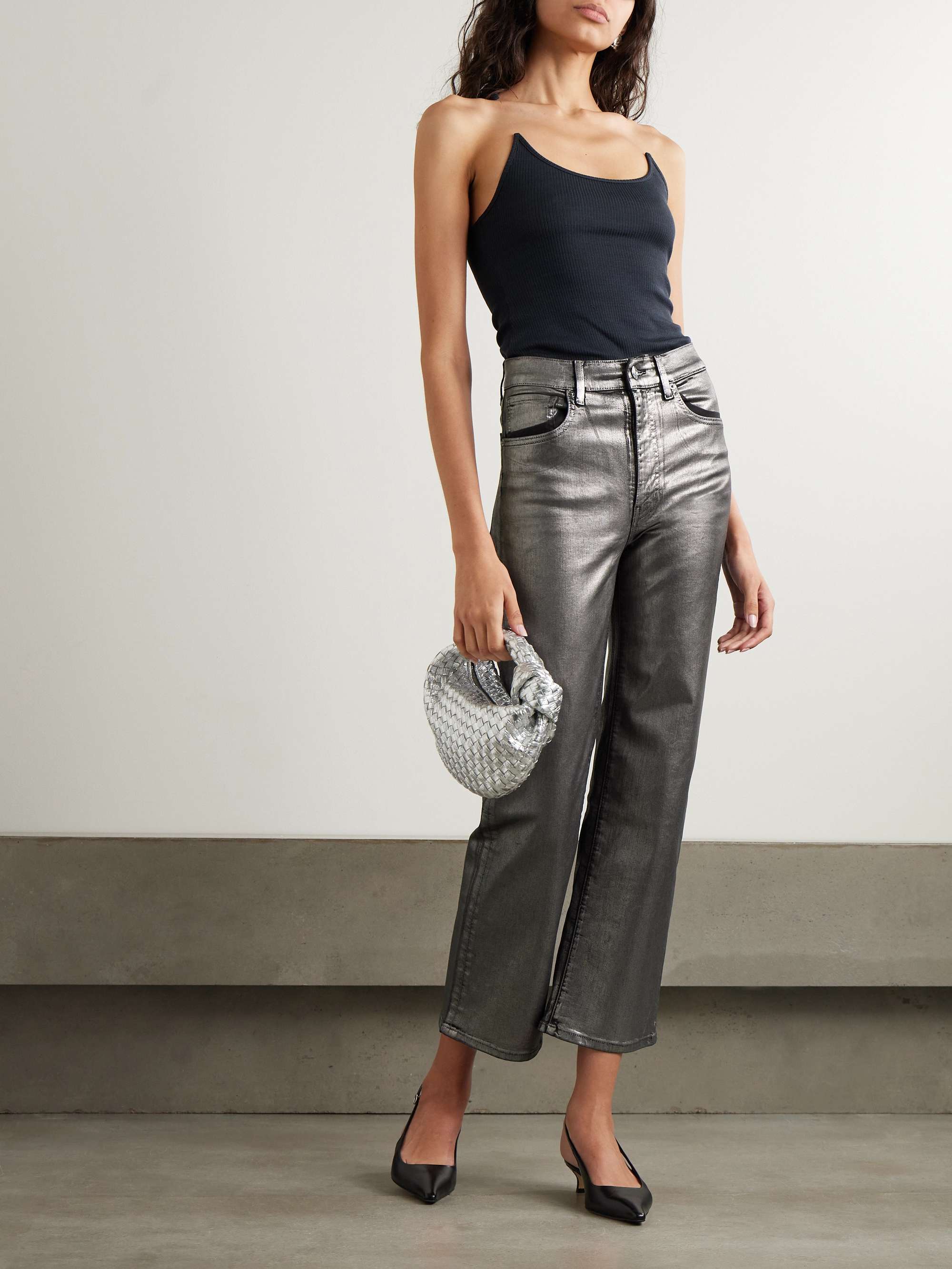 Le Sleek metallic coated high-rise straight-leg jeans view