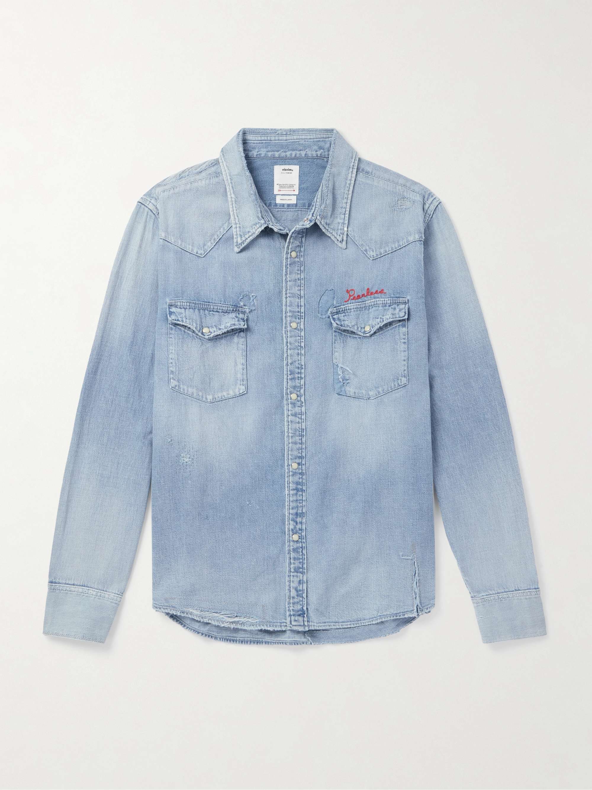 Peerless Distressed Logo-Embroidered Washed-Denim Shirt view