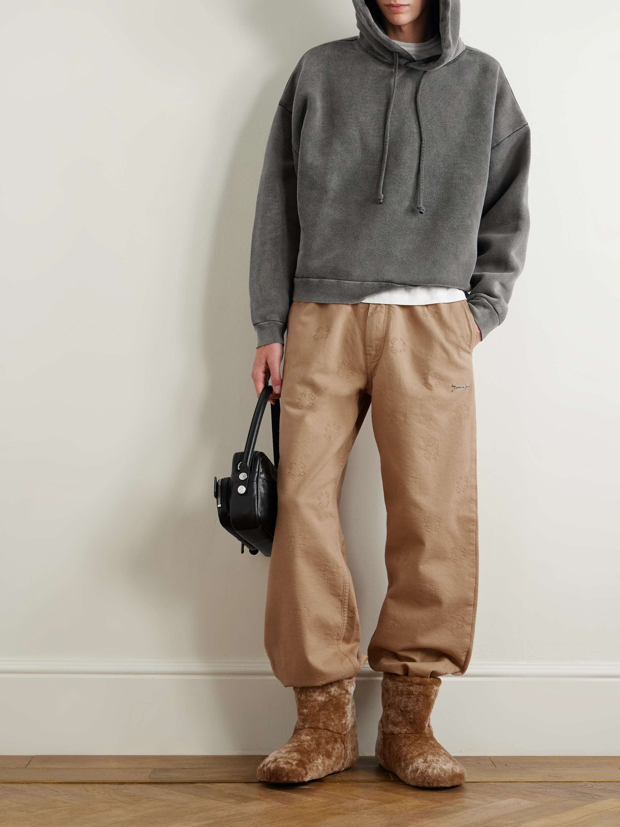 Tapered Appliquéd Logo-Jacquard Cotton-Blend Twill Trousers view