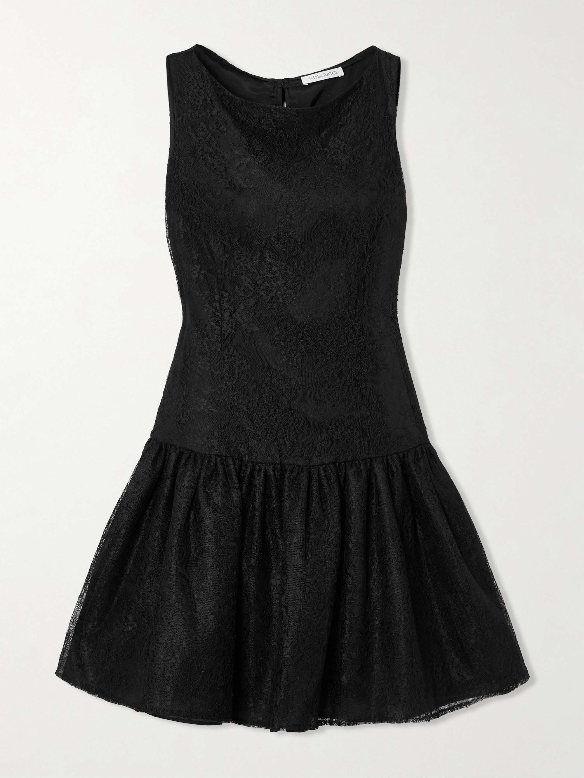 Velvet-trimmed bow-detailed gathered Chantilly lace mini dress view