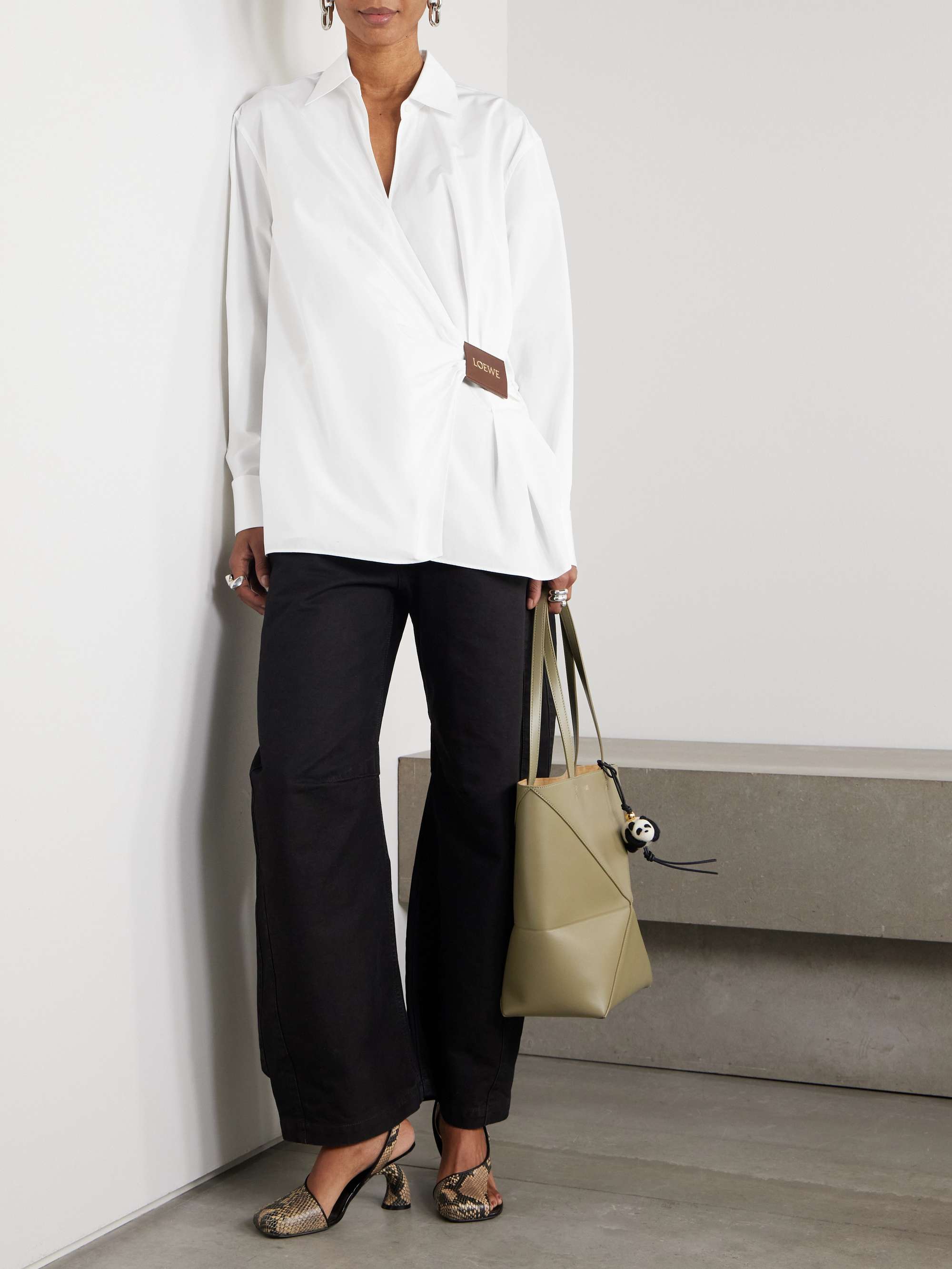 Wrap-effect leather-trimmed cotton-poplin shirt view