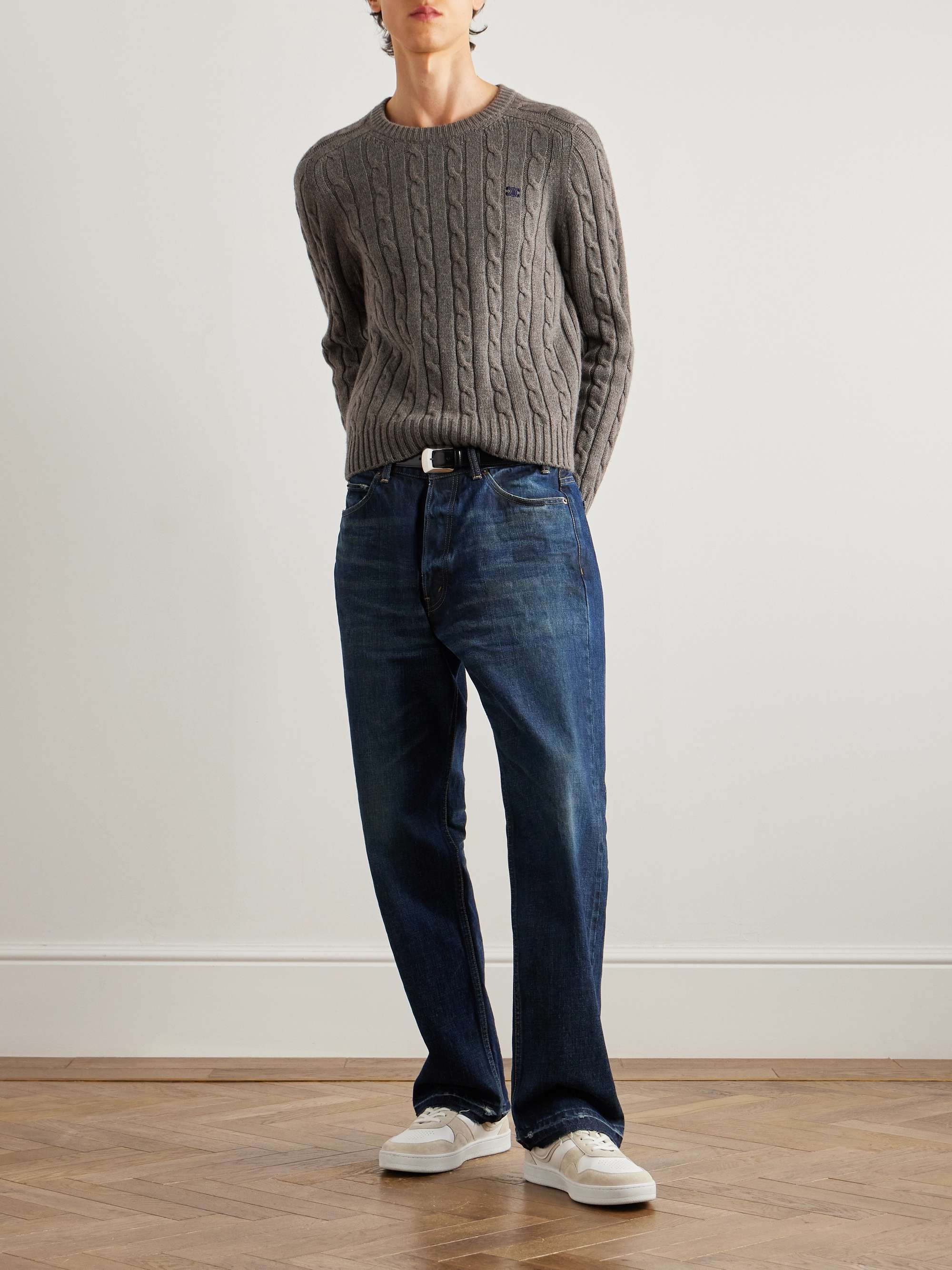 Logo-Embroidered Suede-Trimmed Cable-Knit Cashmere Sweater view