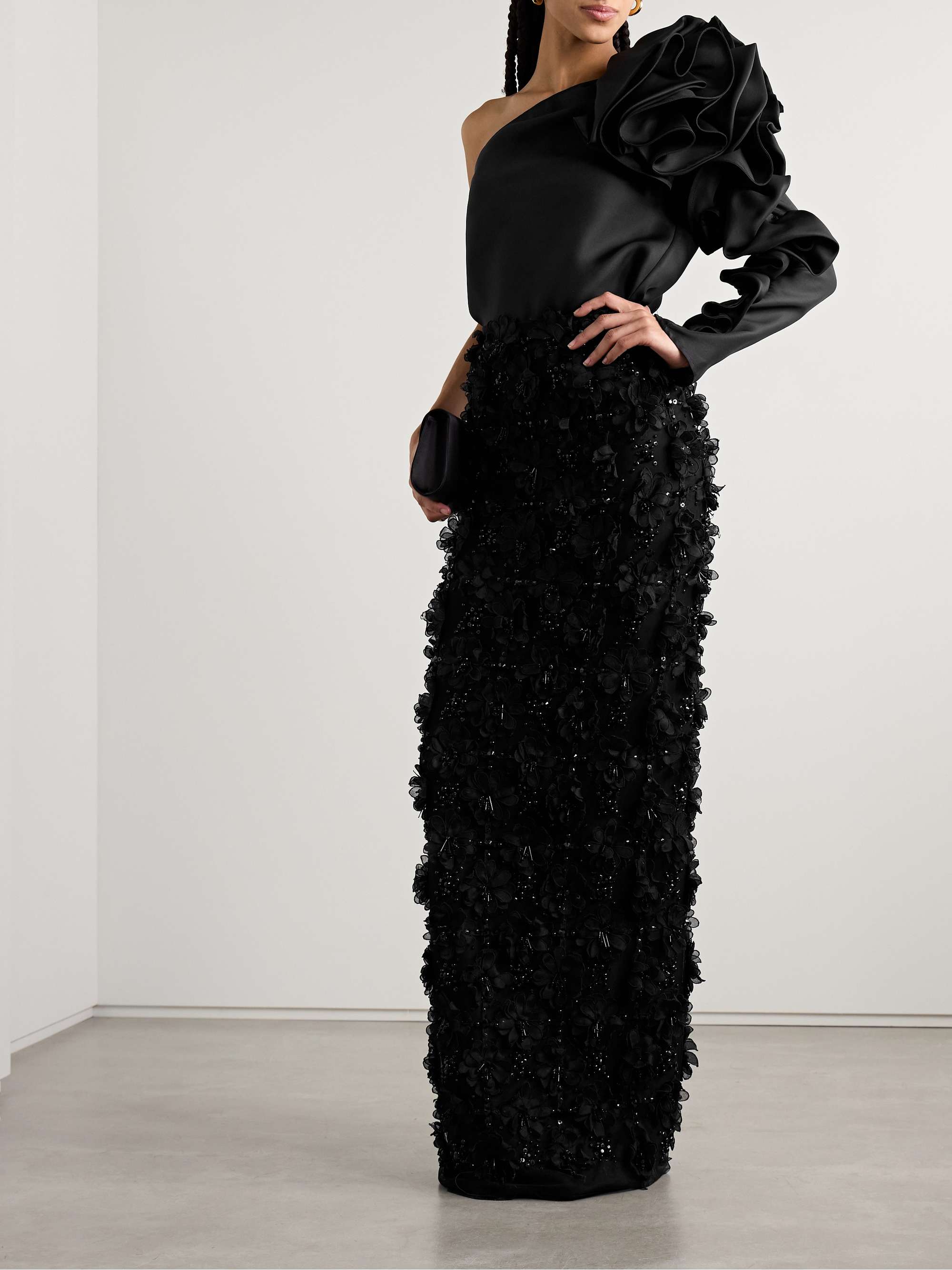 One-sleeve ruffled silk-gazar top view