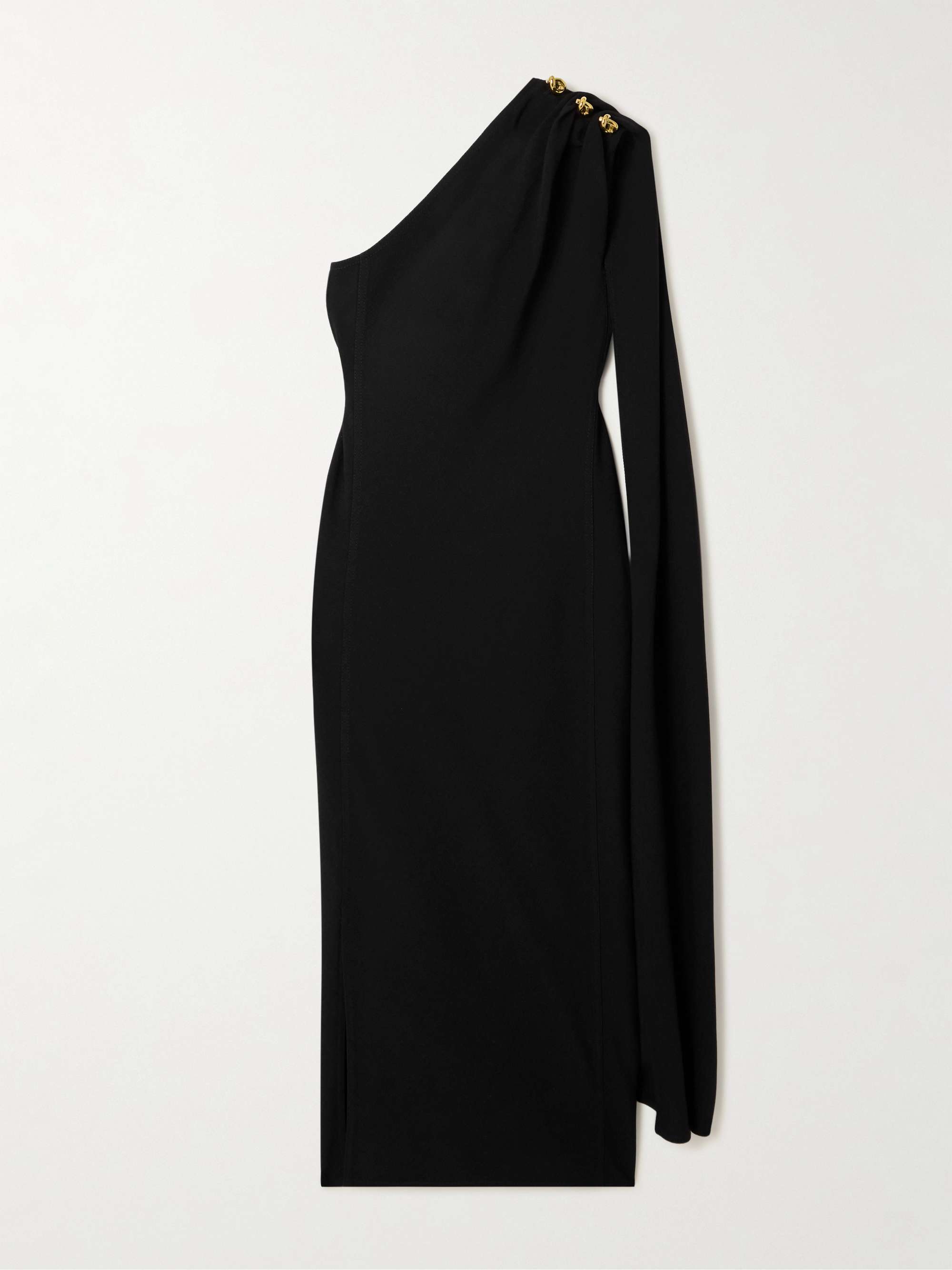 Cape-effect embellished one-shoulder crepe midi dress view