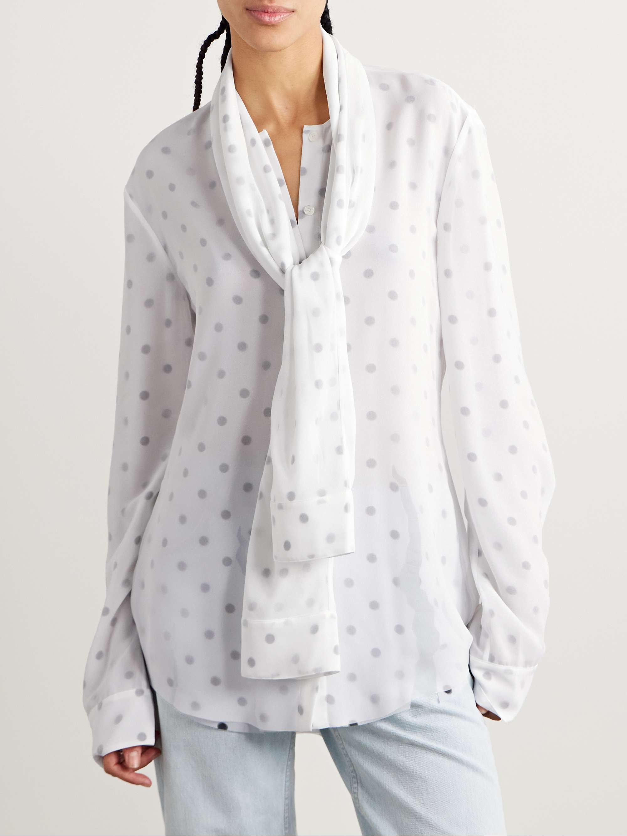 Layered tie-neck distressed polka-dot georgette blouse view