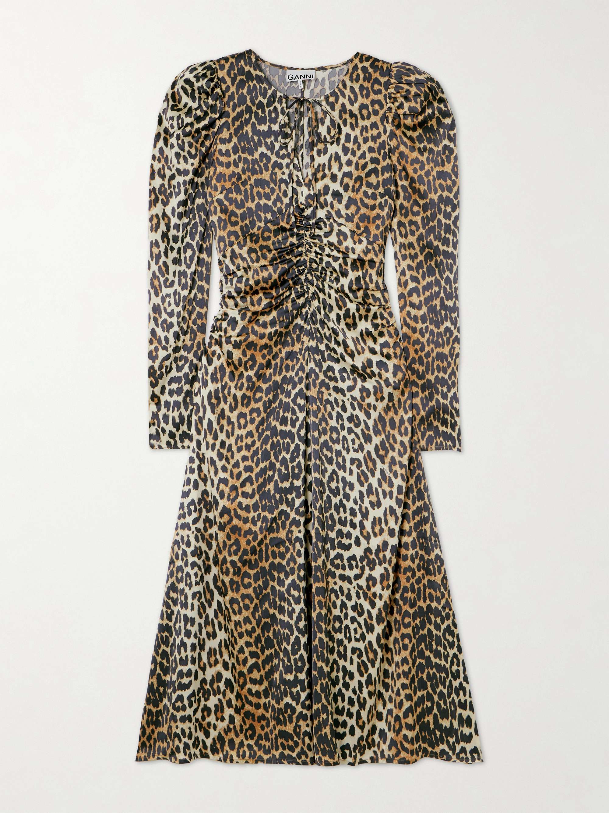 Tie-detailed ruched leopard-print satin midi dress view