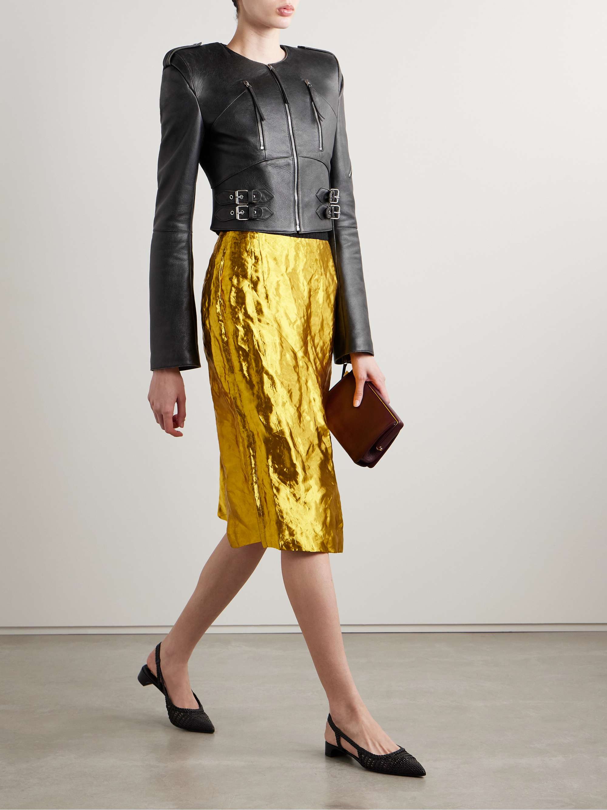 Manuela metallic crinkled-twill midi skirt view
