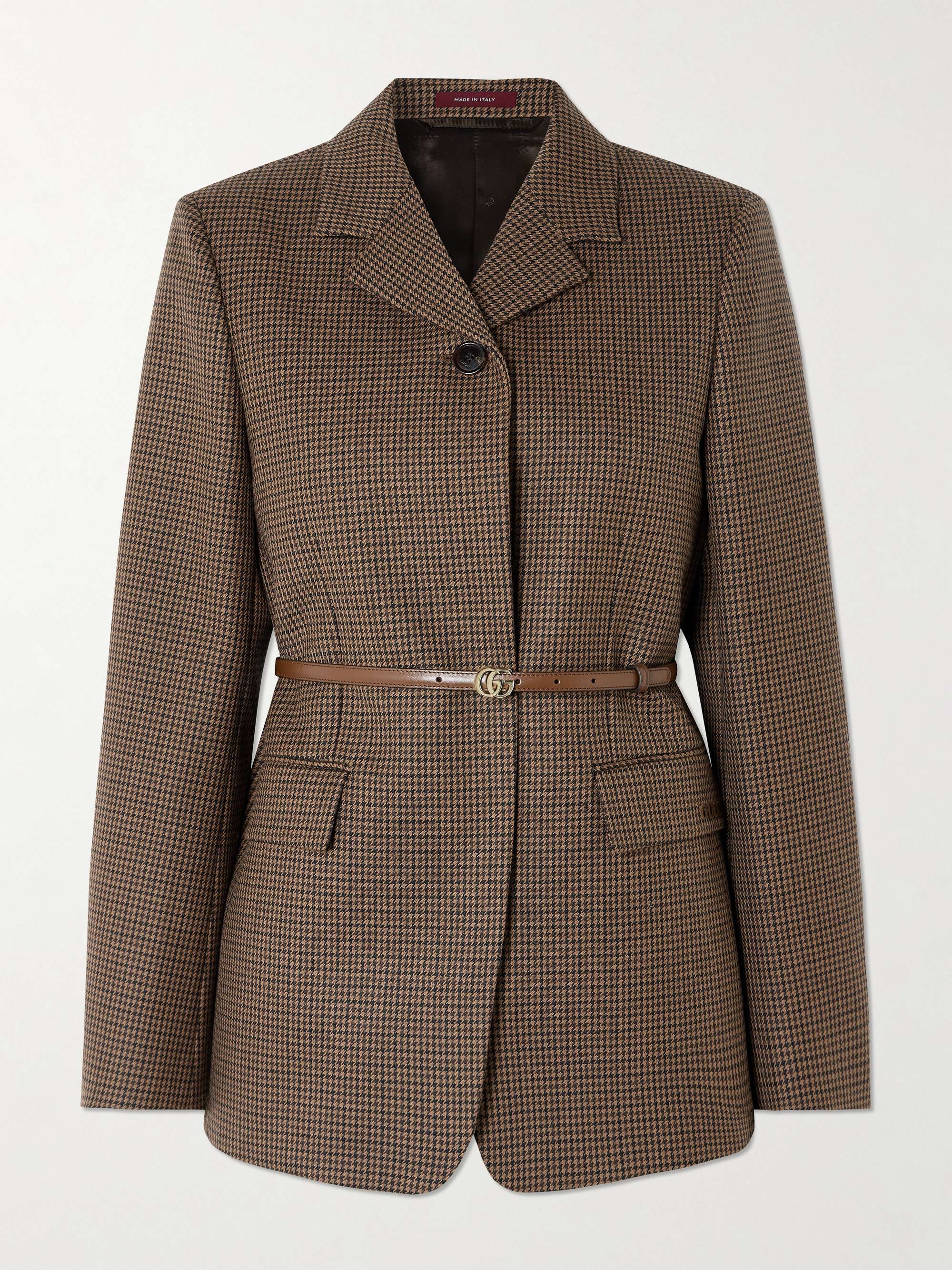 Leather-trimmed belted houndstooth wool blazer view
