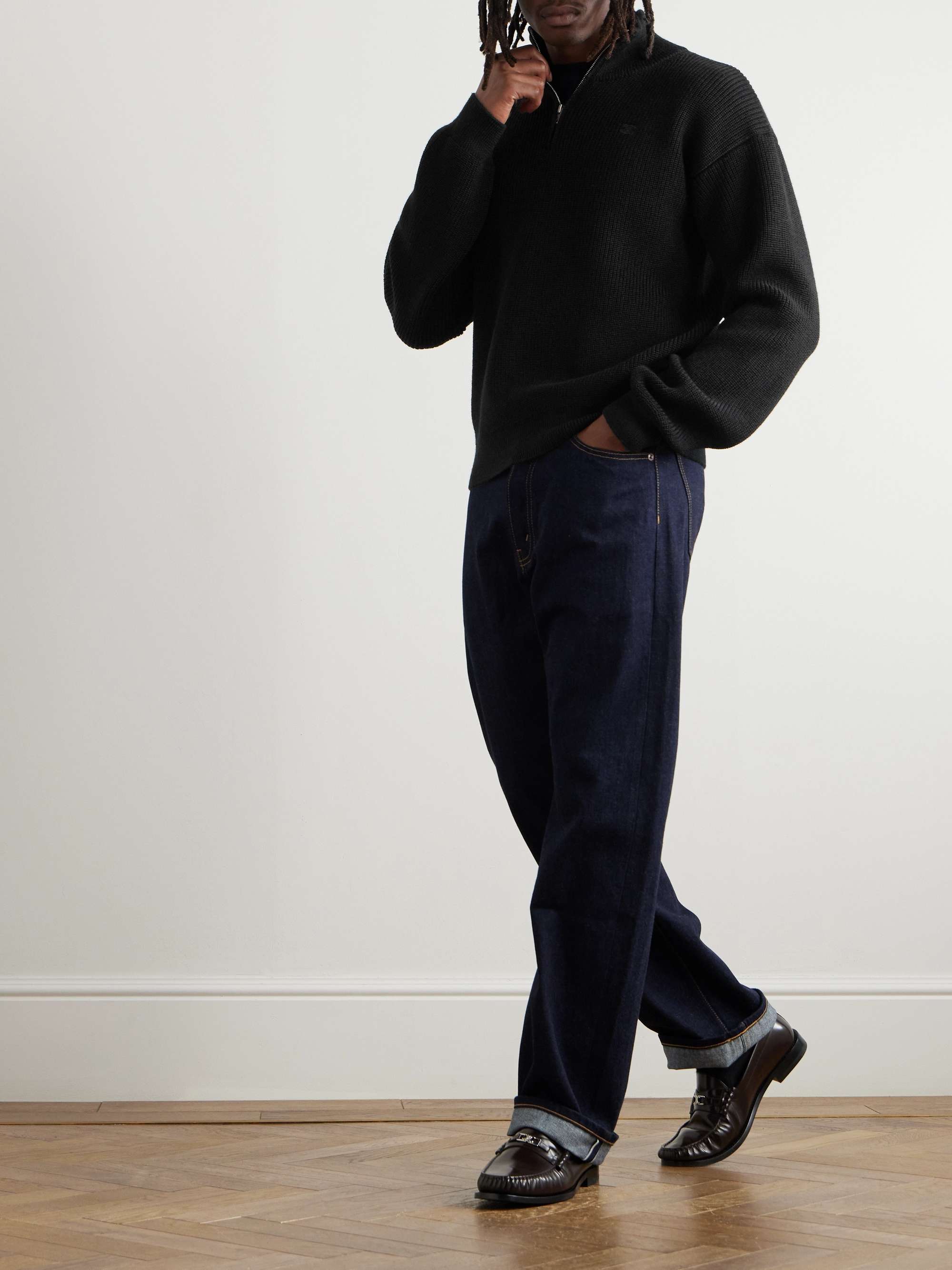 Logo-Embroidered Ribbed Wool Half-Zip Sweater view