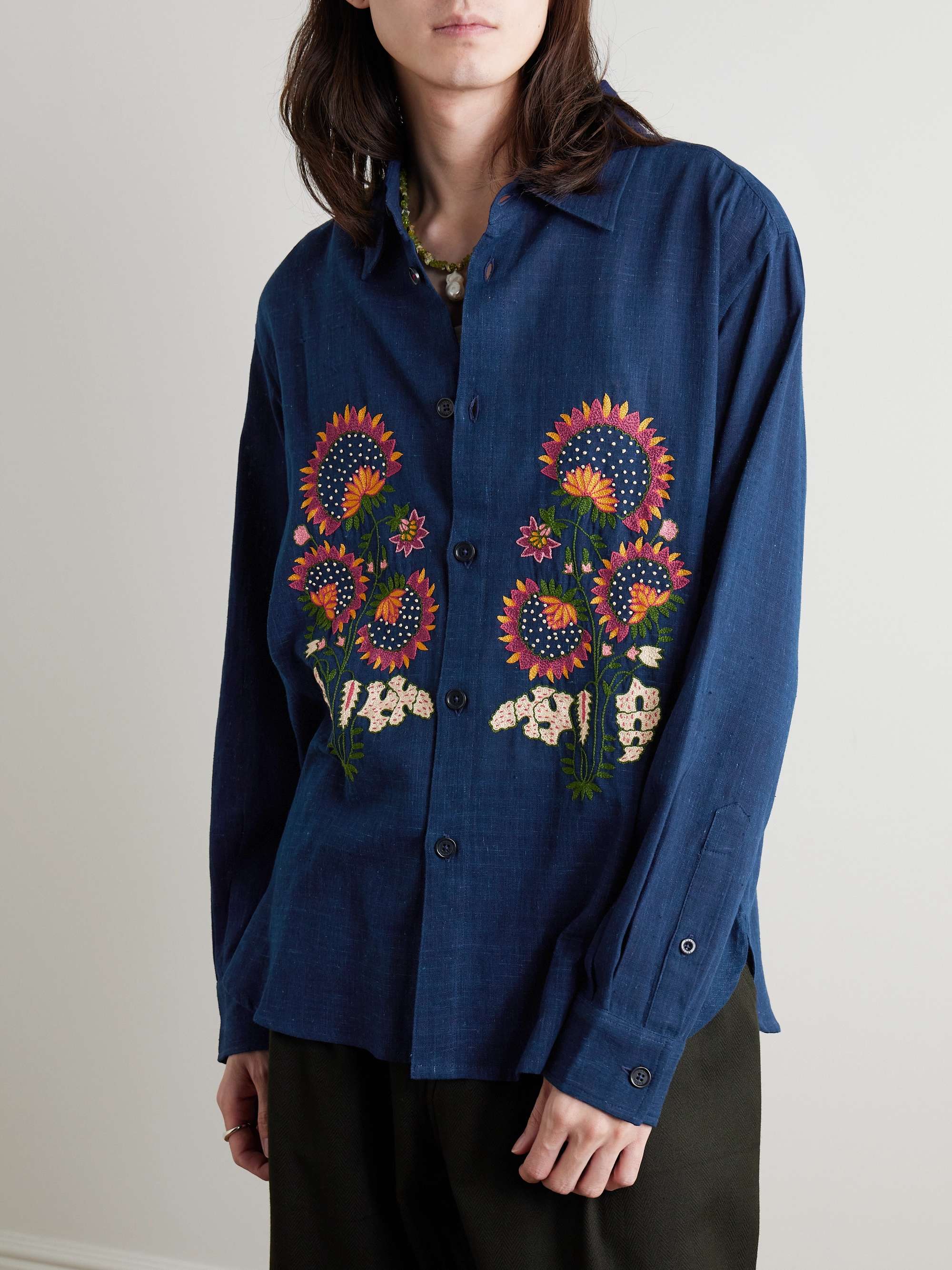 Luis Embroidered Indigo-Dyed Cotton Shirt view