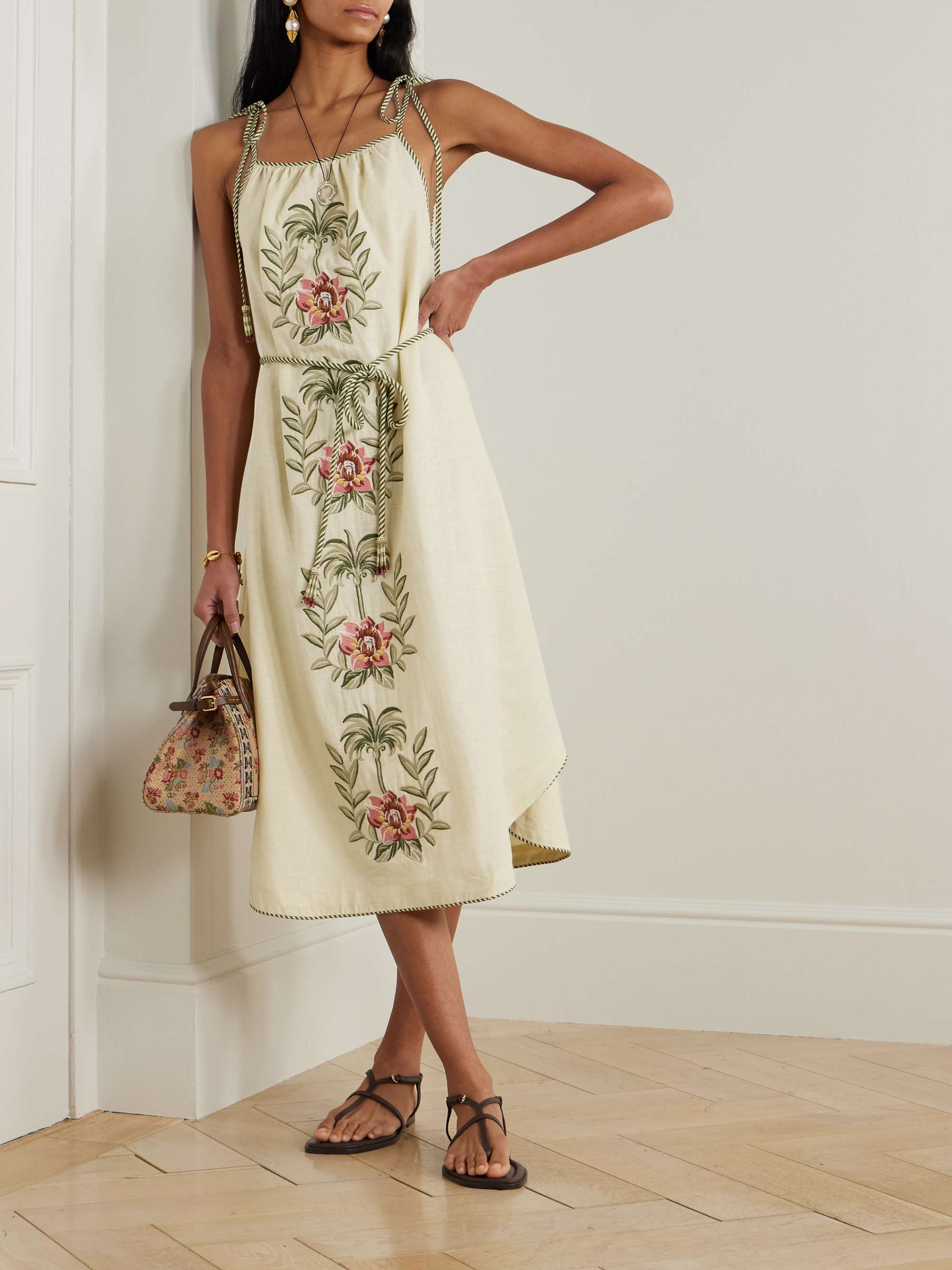 Floral-embroidered linen-blend midi dress view