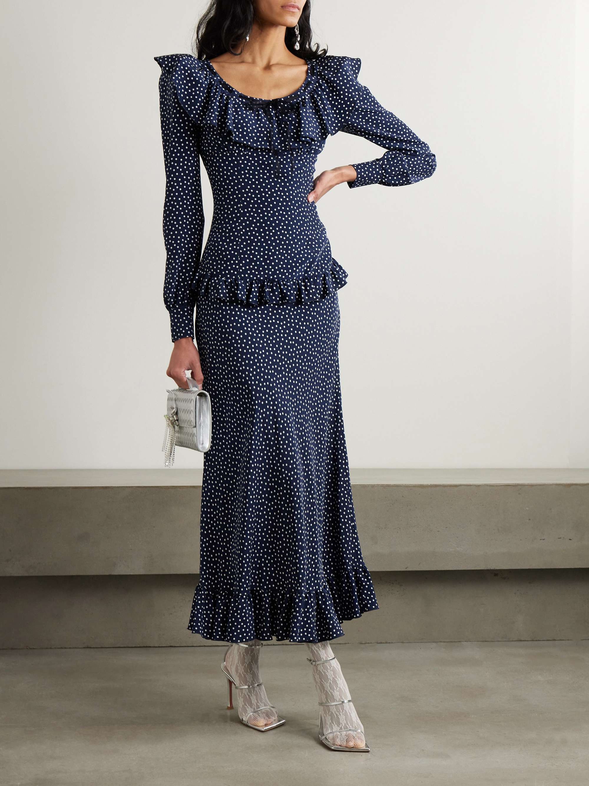 Ruffled polka-dot silk crepe de chine midi dress view