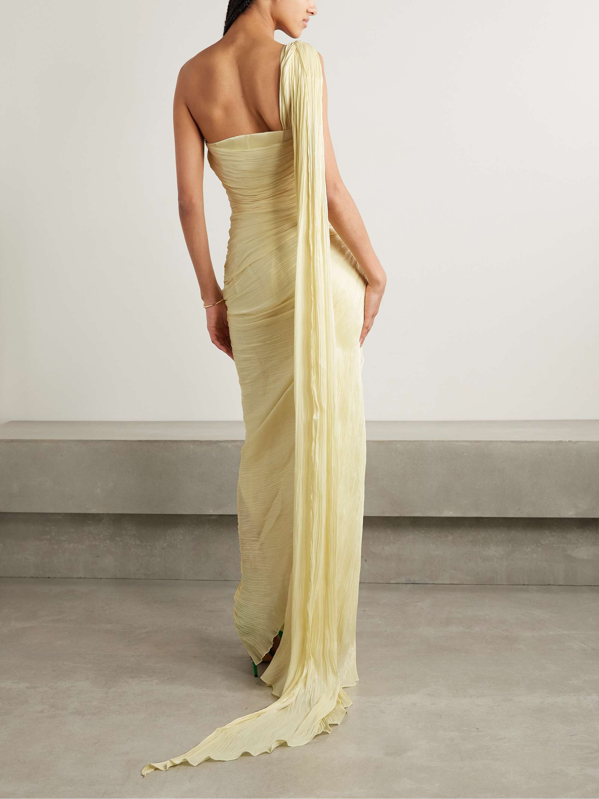 One-shoulder draped plissé-silk gown view