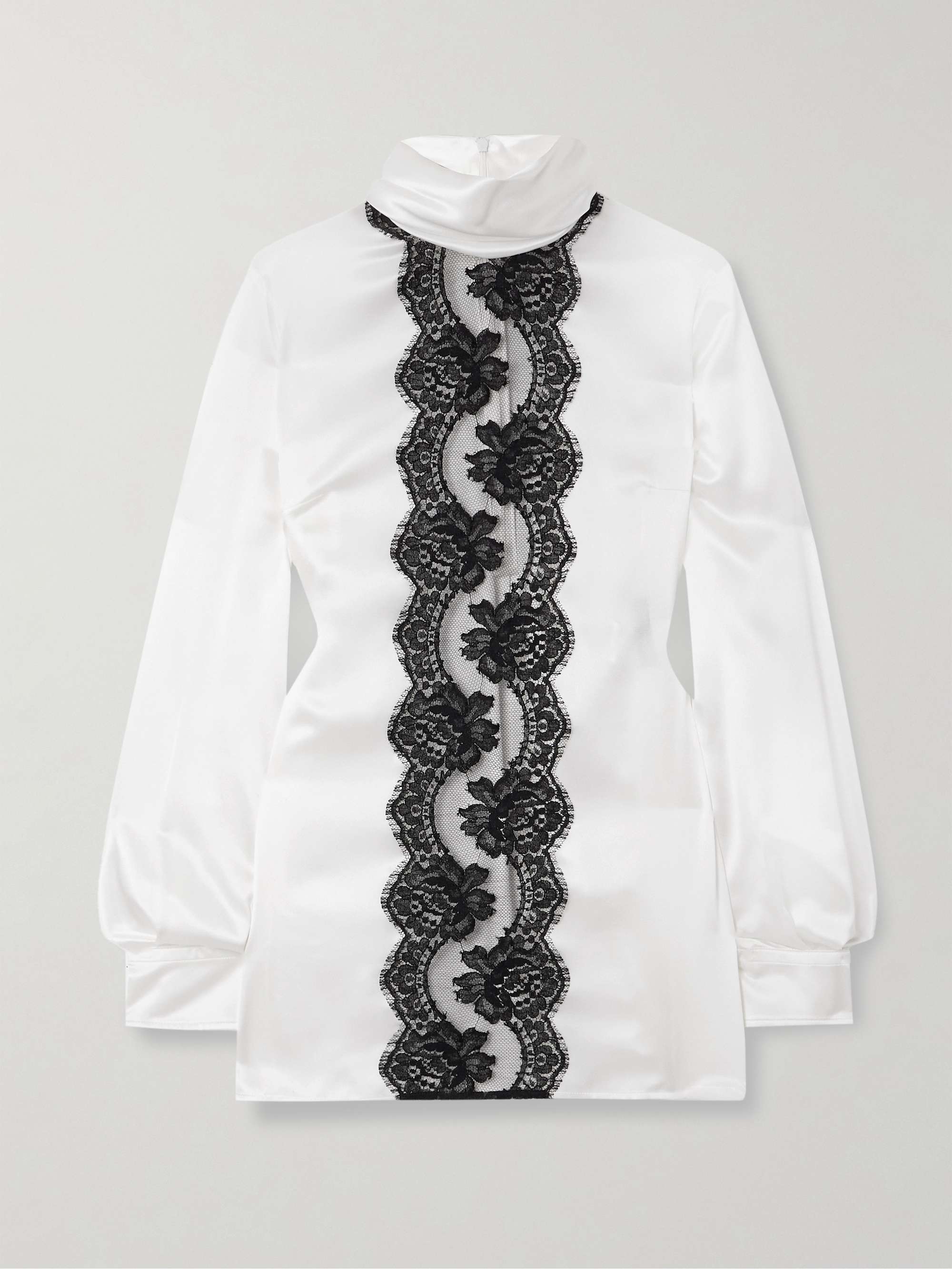 Lace-trimmed silk-blend satin turtleneck blouse view