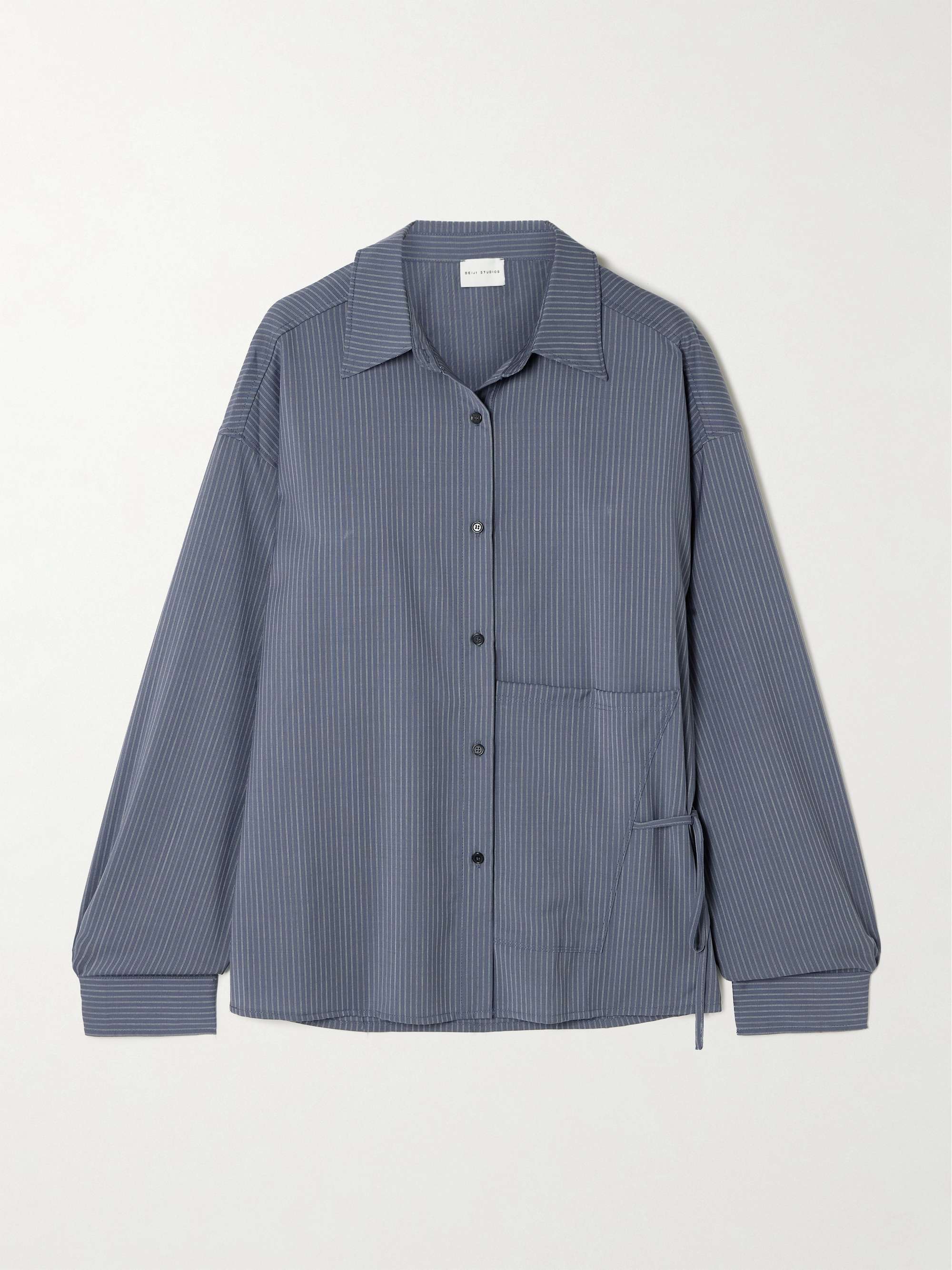Tie-detailed striped wool shirt view