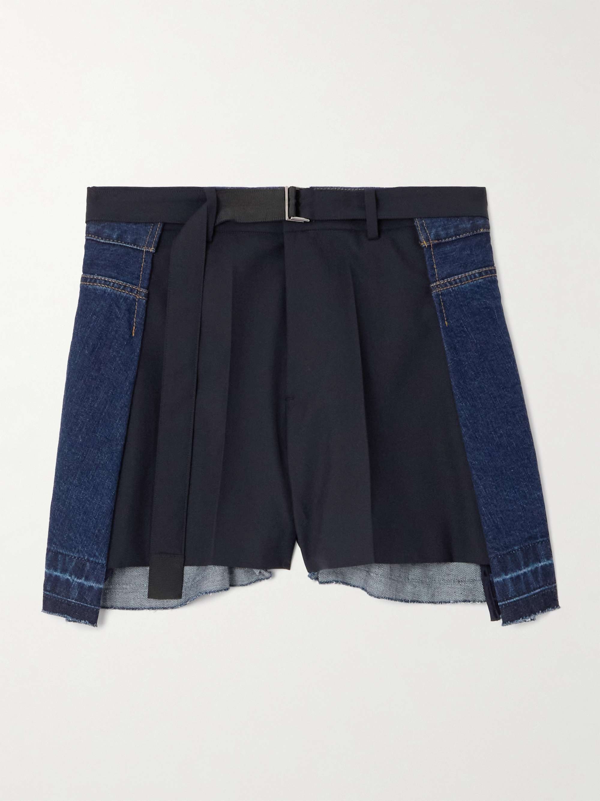 Belted pleated denim and shell shorts view