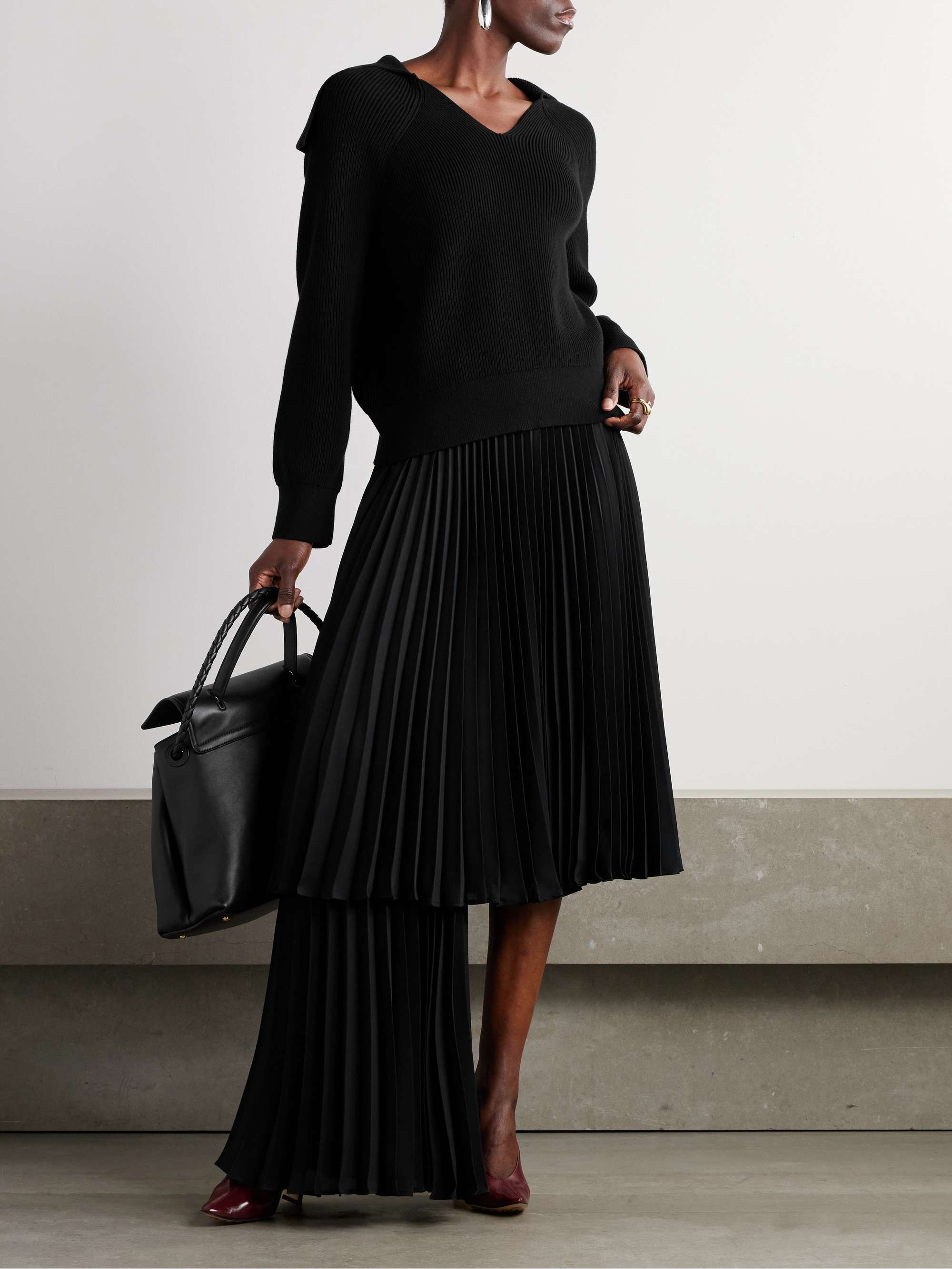 Layered pleated twill midi skirt view