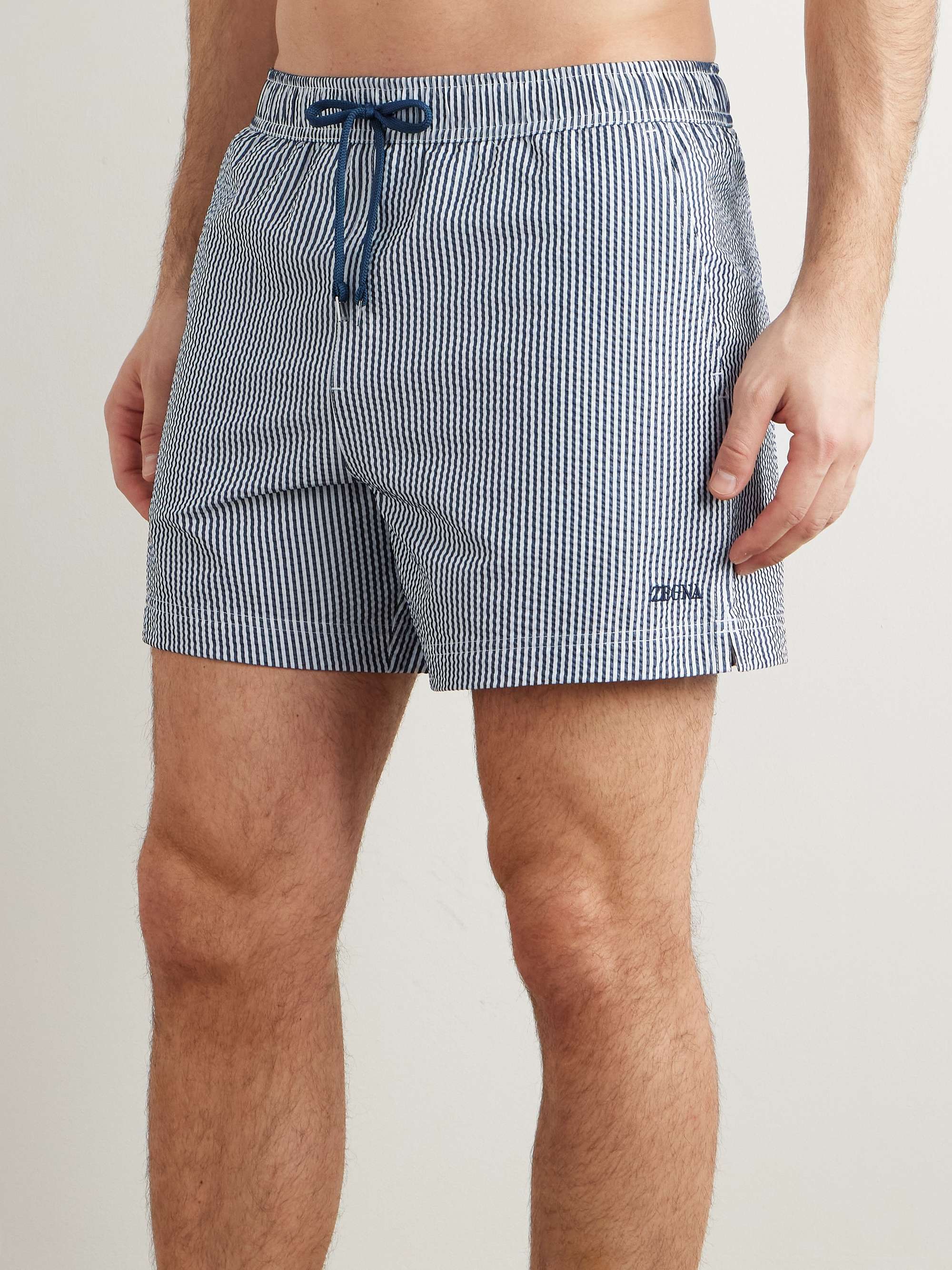 Straight-Leg Mid-Length Striped Seersucker Shorts view