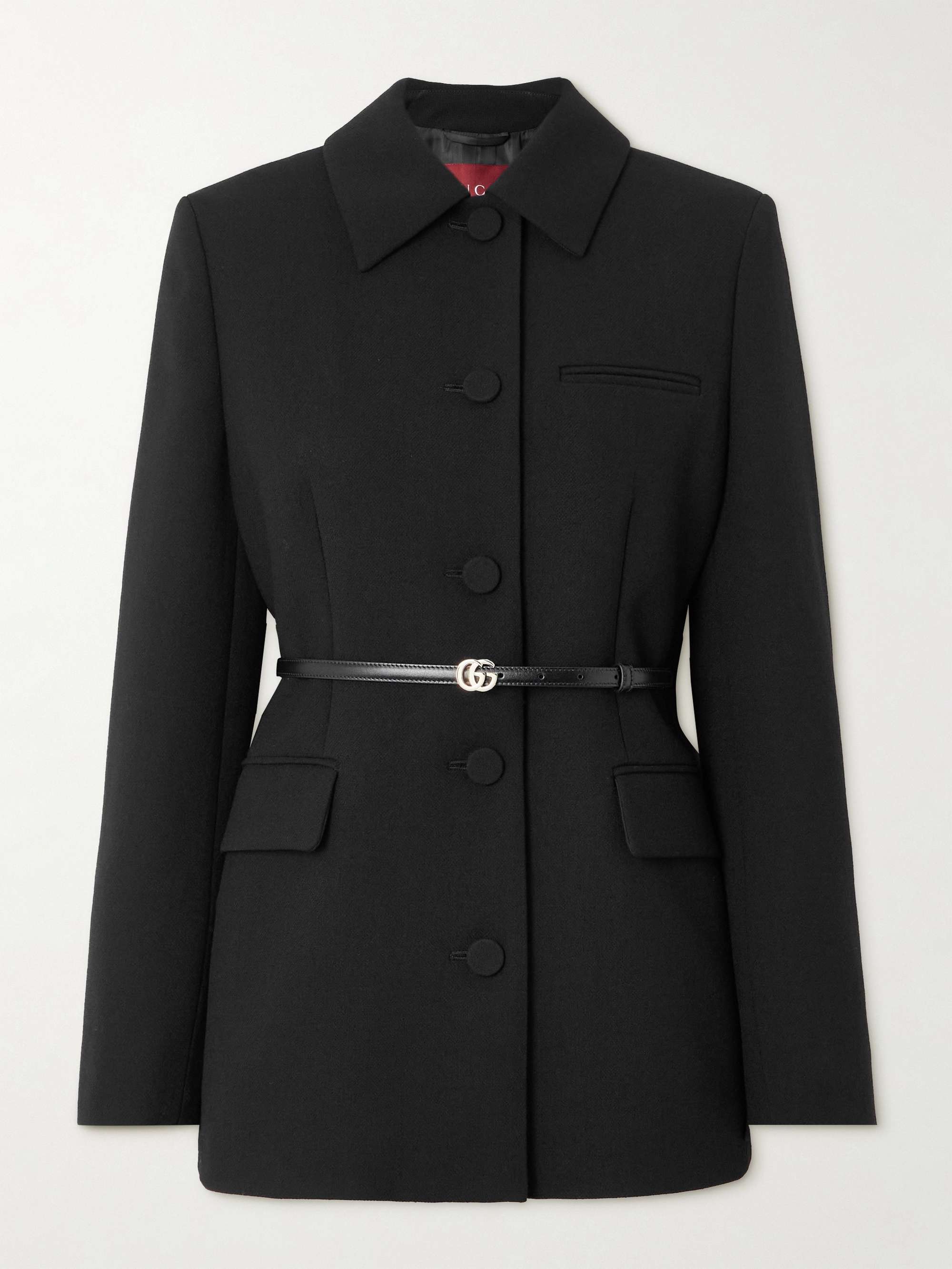 Belted leather-trimmed wool jacket view