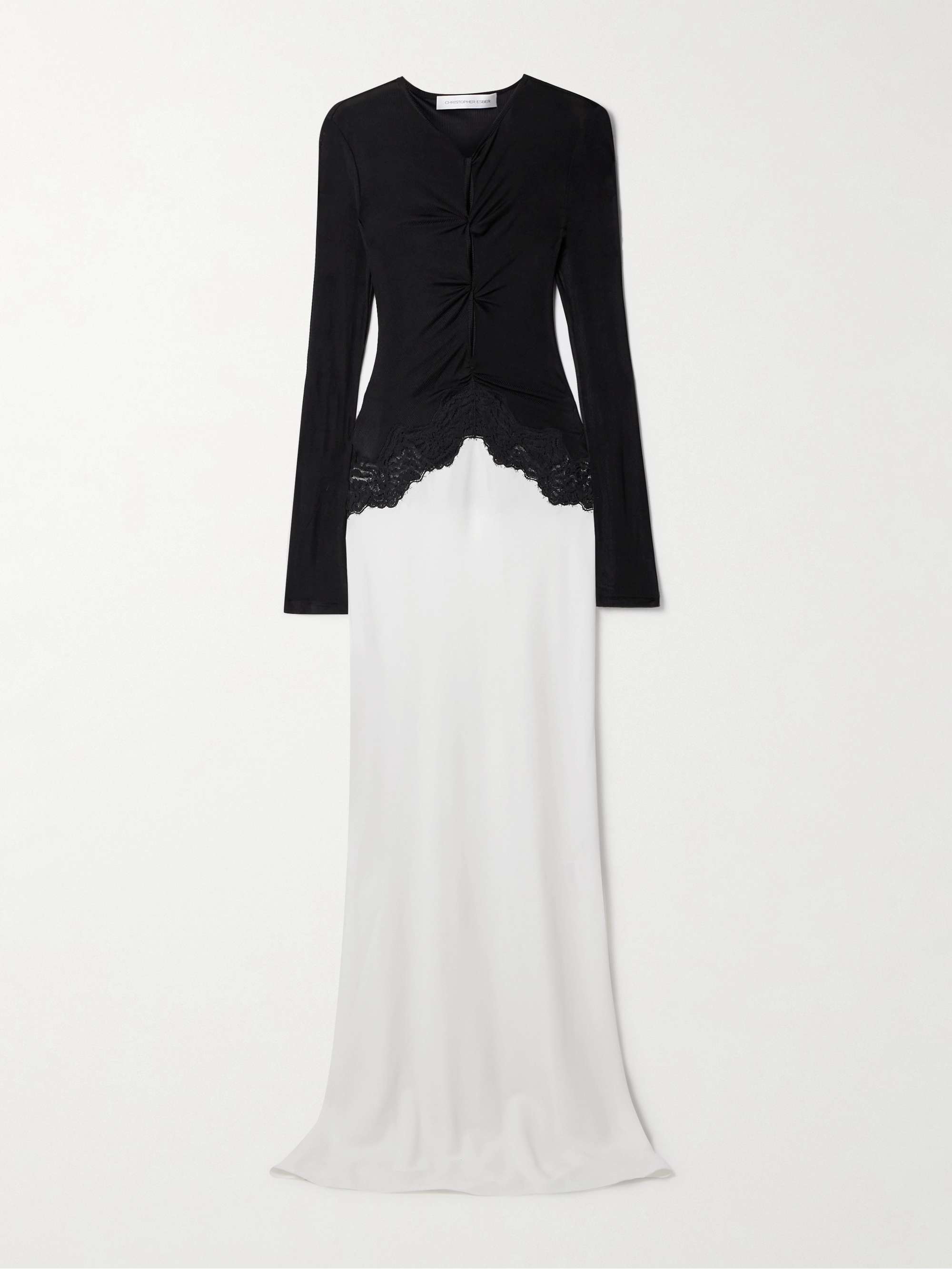 Cutout twist-front lace-trimmed ribbed-knit and crepe gown view