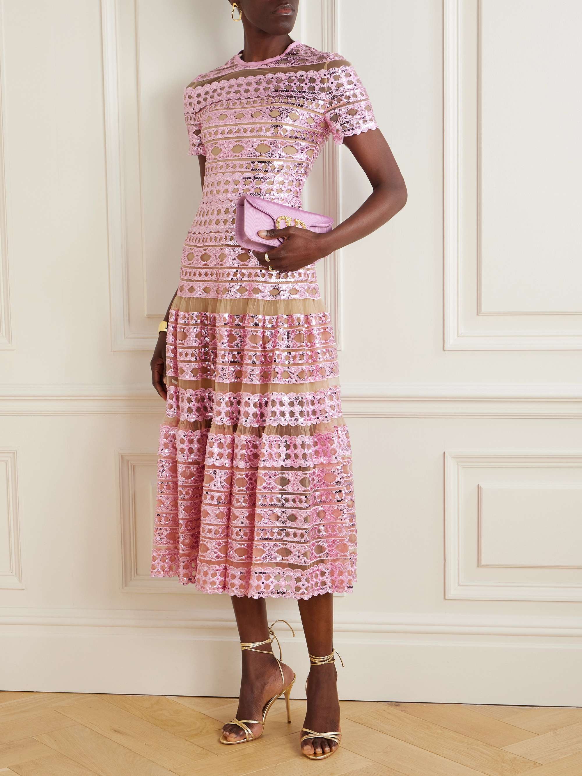 Tiered embroidered sequined tulle midi dress view