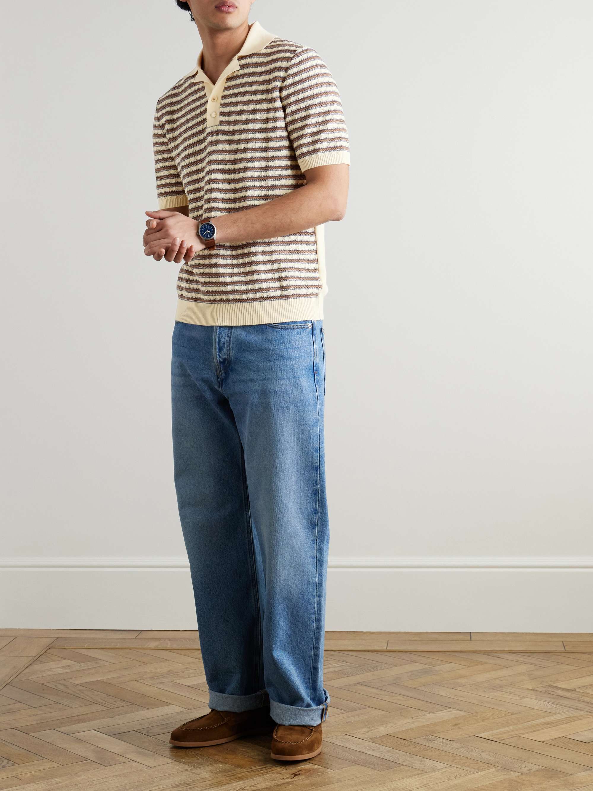 Striped Textured-Knit Organic Cotton Polo Shirt view