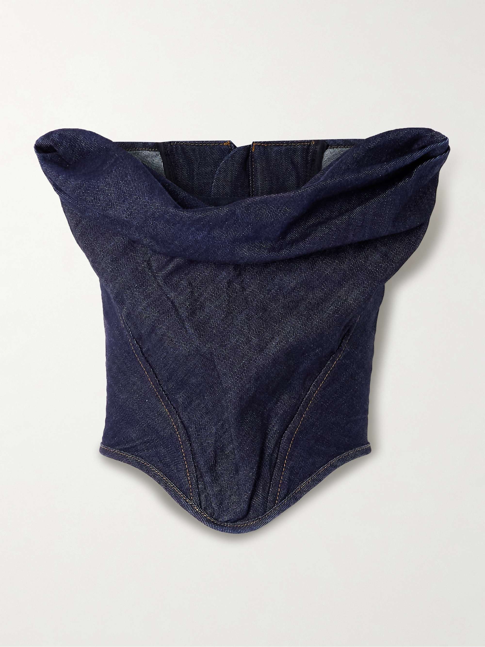 Strapless cropped denim bustier top view