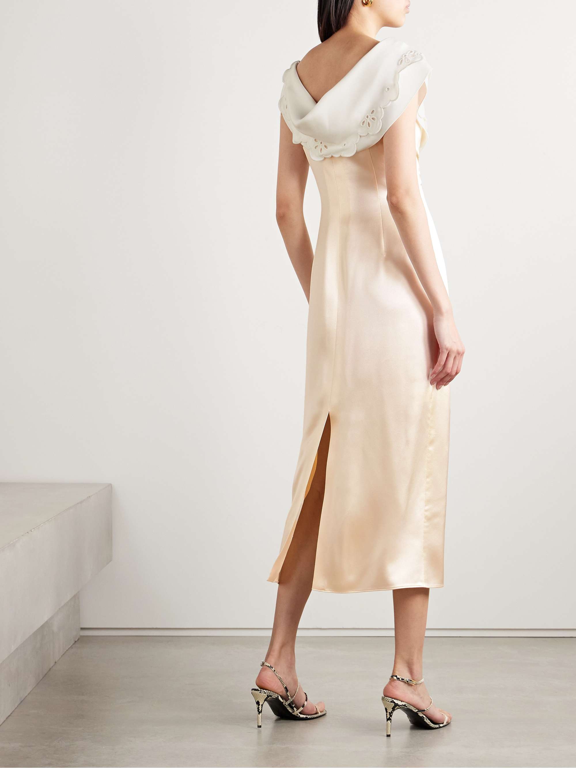 Fragolina draped broderie anglaise-paneled silk-satin midi dress view
