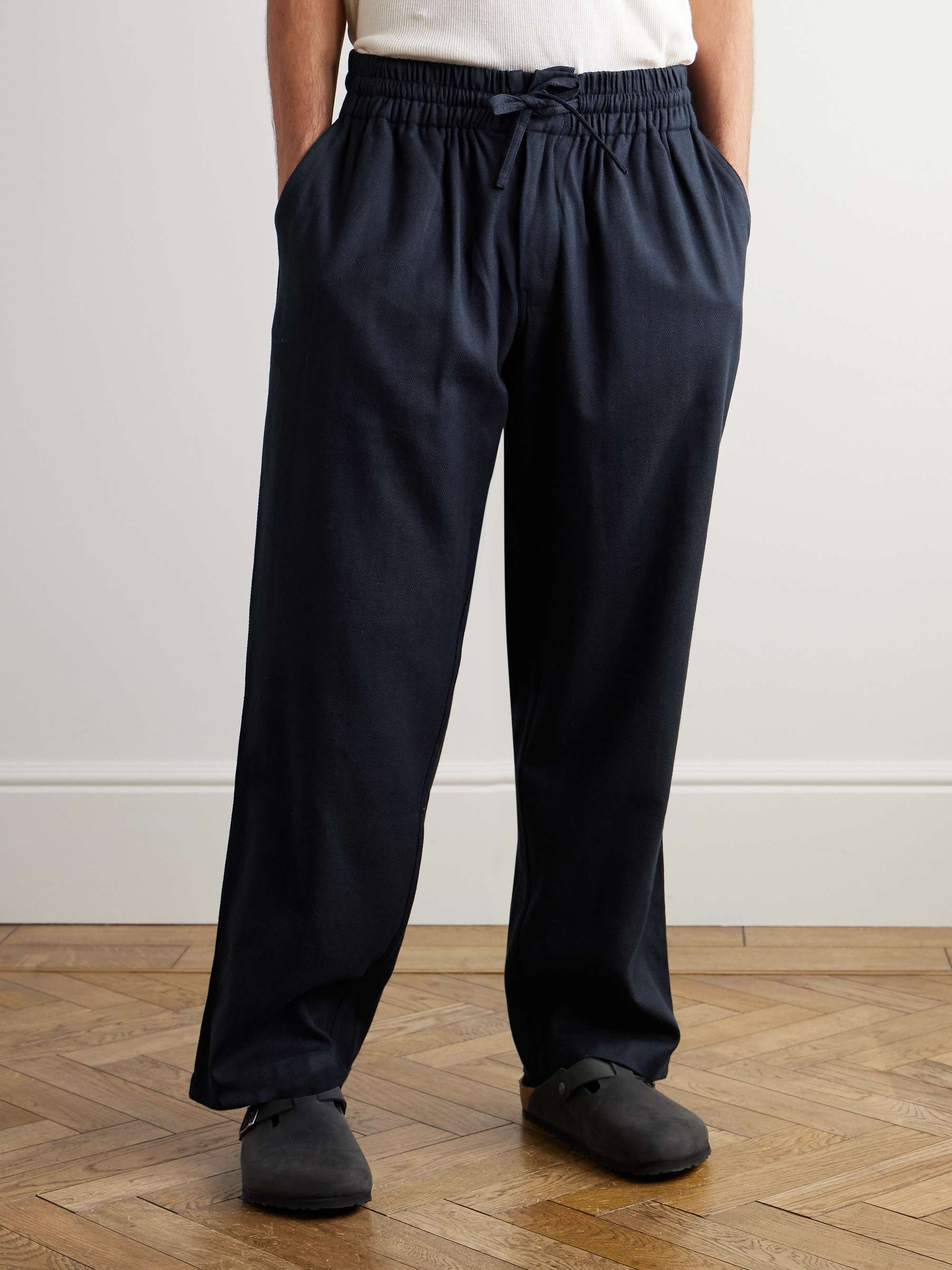 Vikram Wide-Leg Herringbone Cotton Drawstring Trousers view