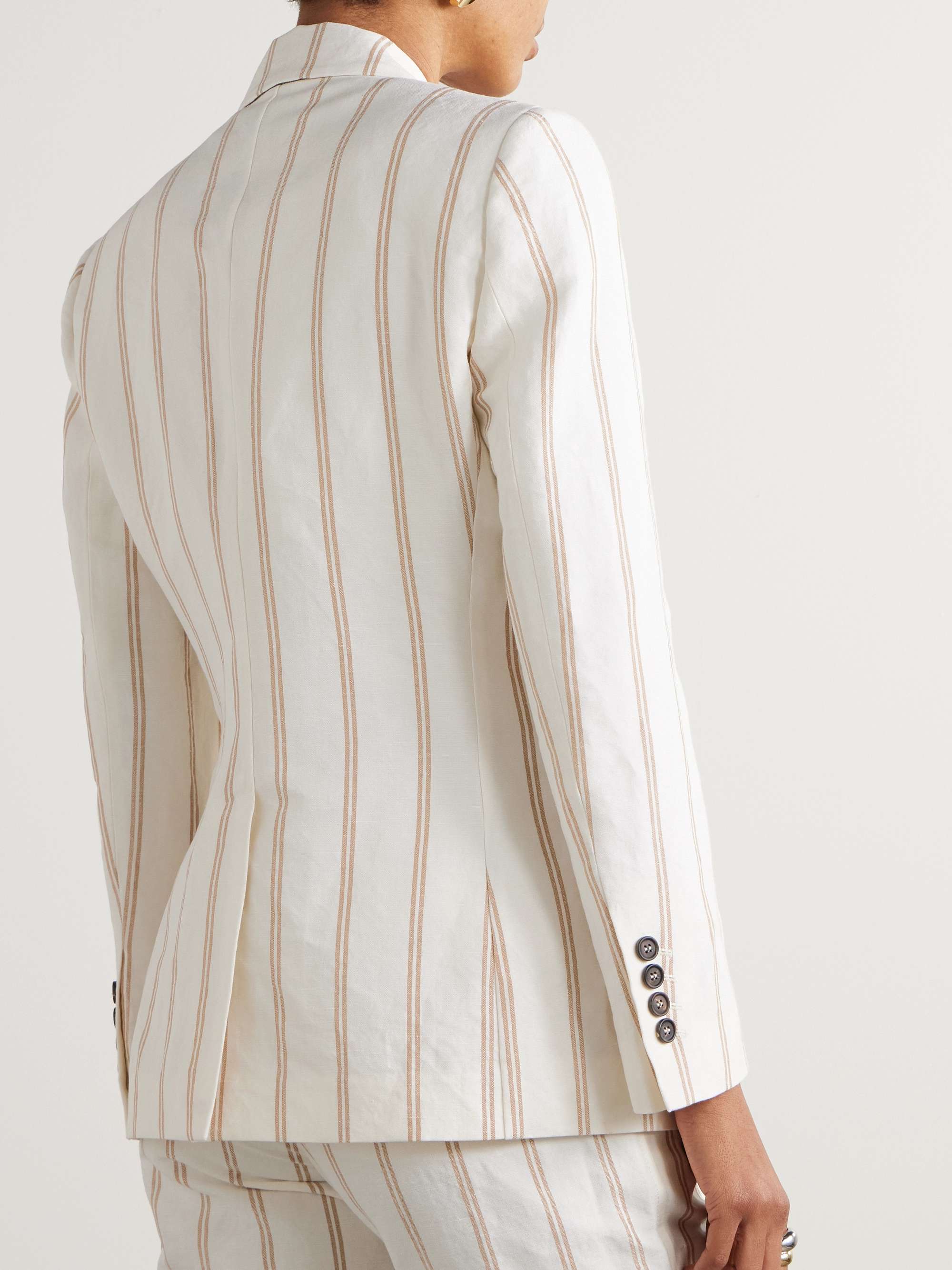 Double-breasted striped linen and cotton-blend blazer view