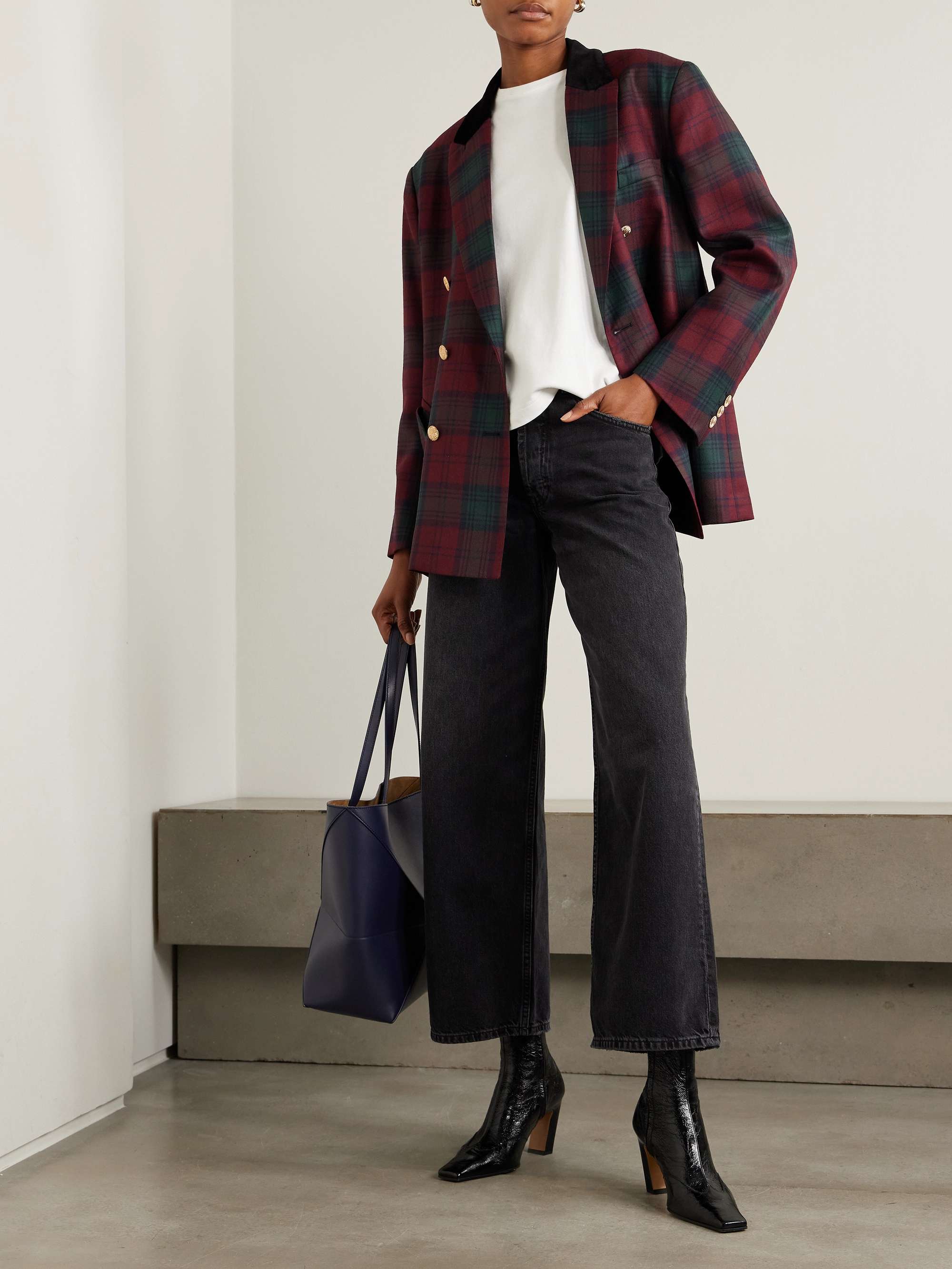 Night Break double-breasted velvet-trimmed checked wool blazer view