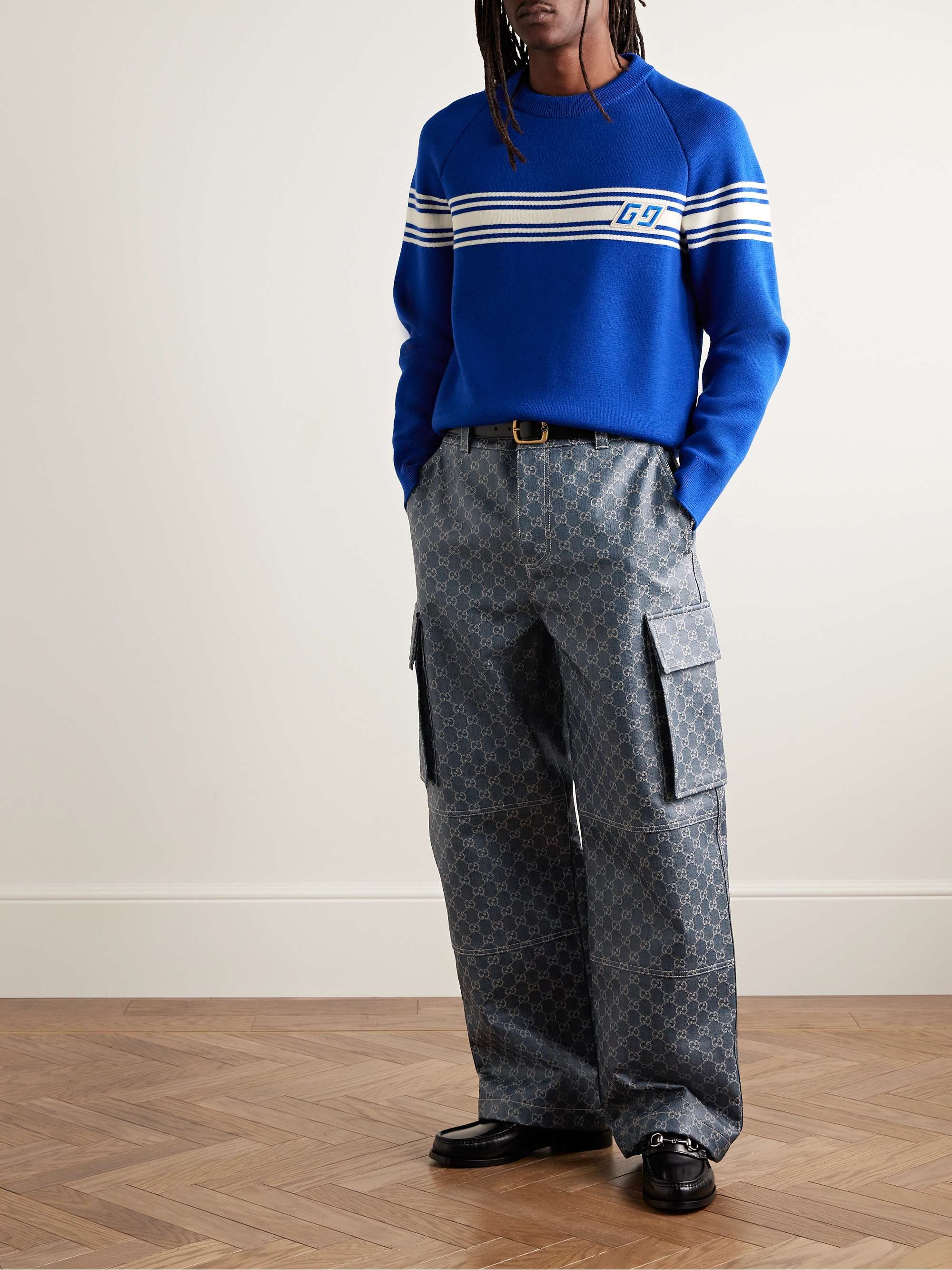 Straight-Leg Logo-Jacquard Coated Cargo Jeans view