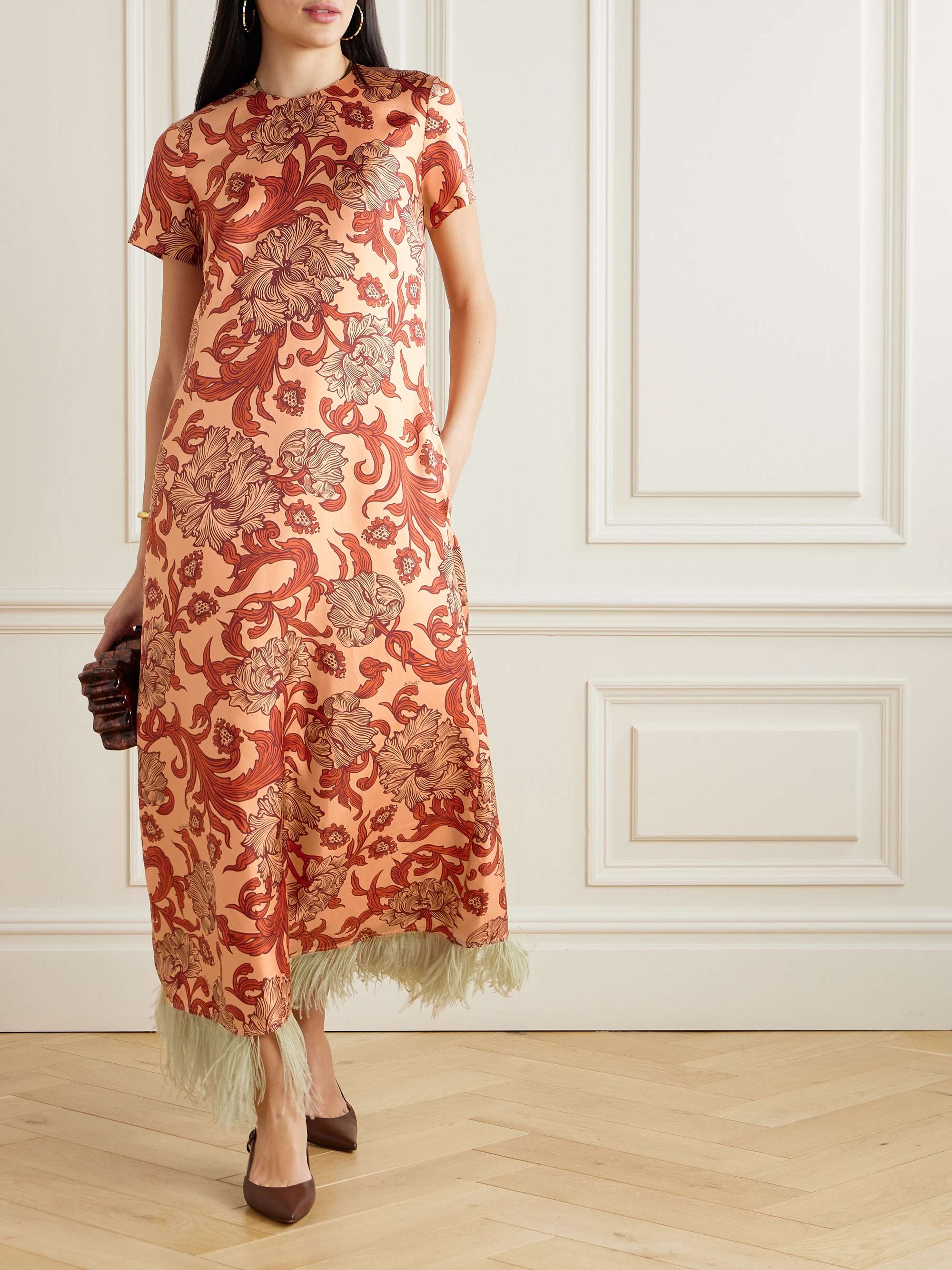 Swing feather-trimmed printed silk-twill maxi dress view
