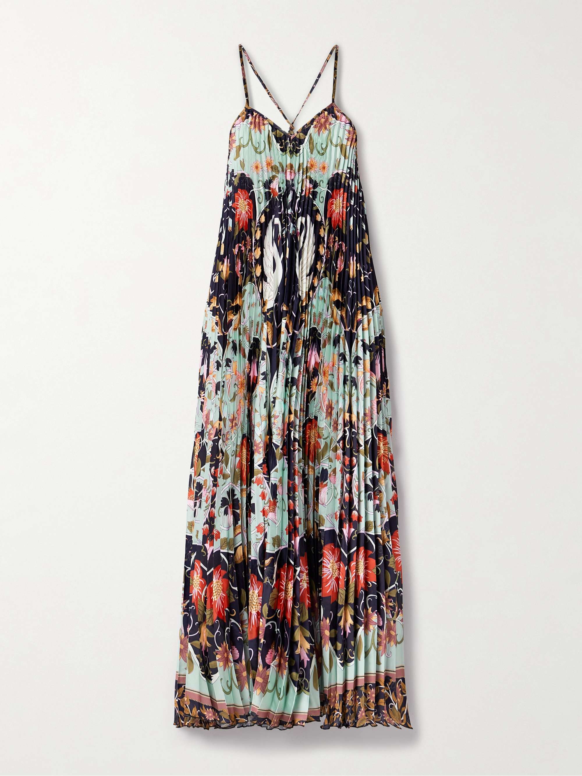 Floral-print plissé-satin midi dress view