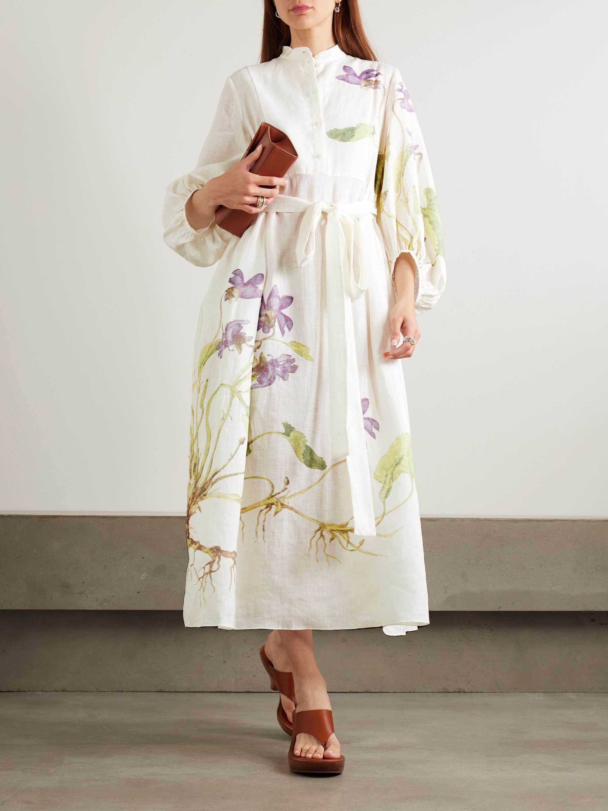 Belted floral-print linen midi dress view