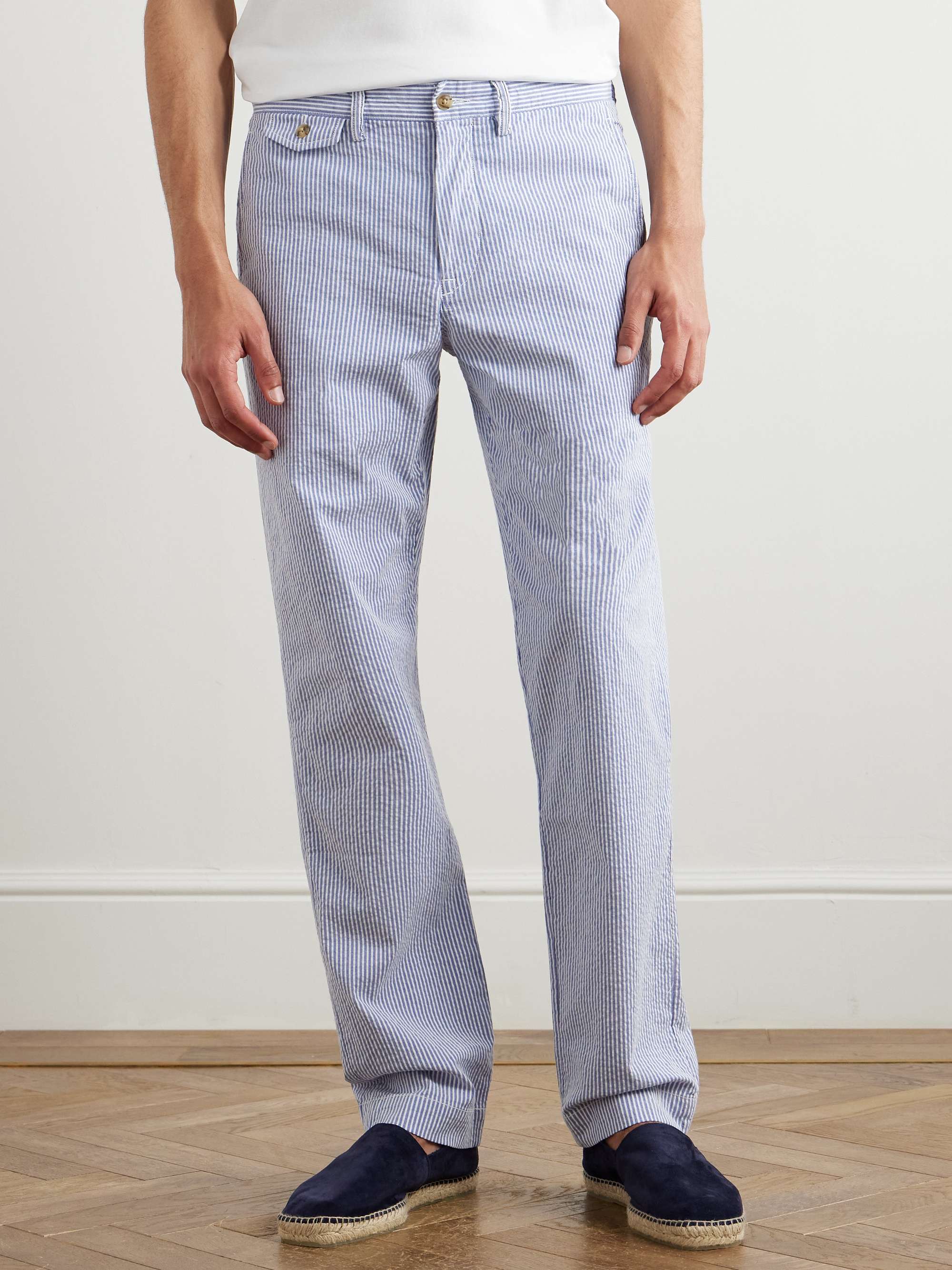 Straight-Leg Logo-Embroidered Striped Cotton-Blend Seersucker Trousers view