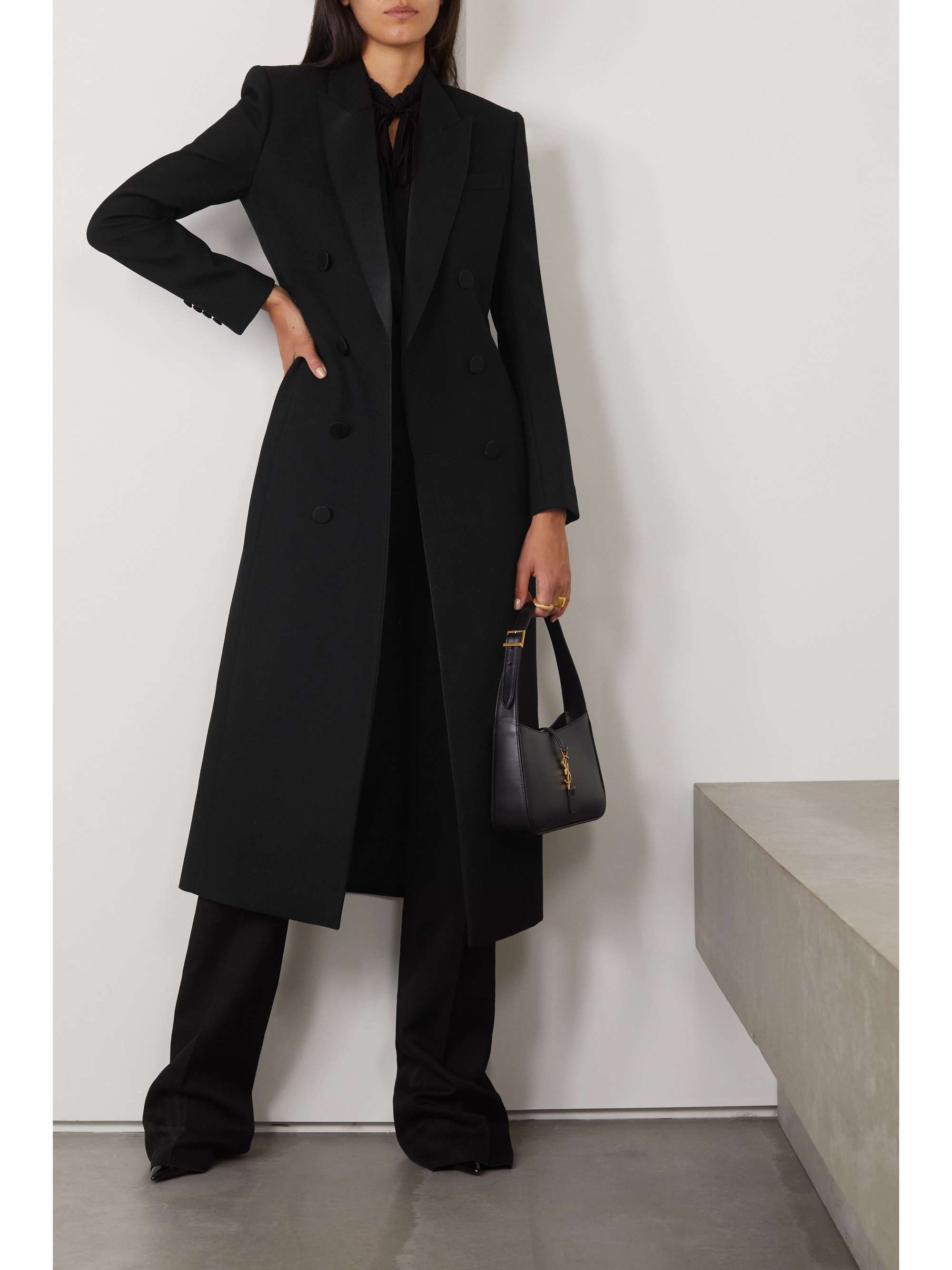 Double-breasted silk-trimmed wool coat view