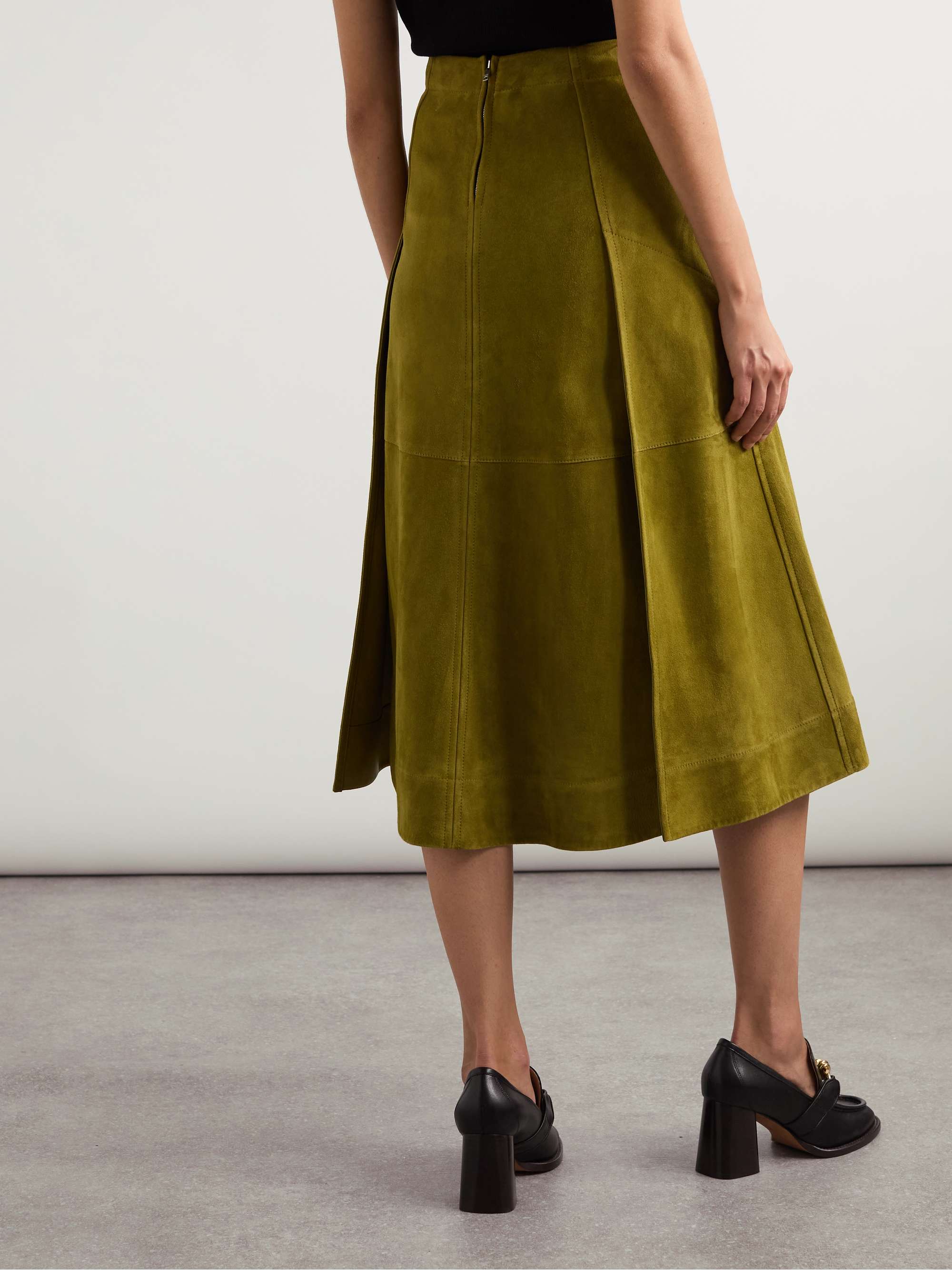 Pleated paneled suede midi skirt view