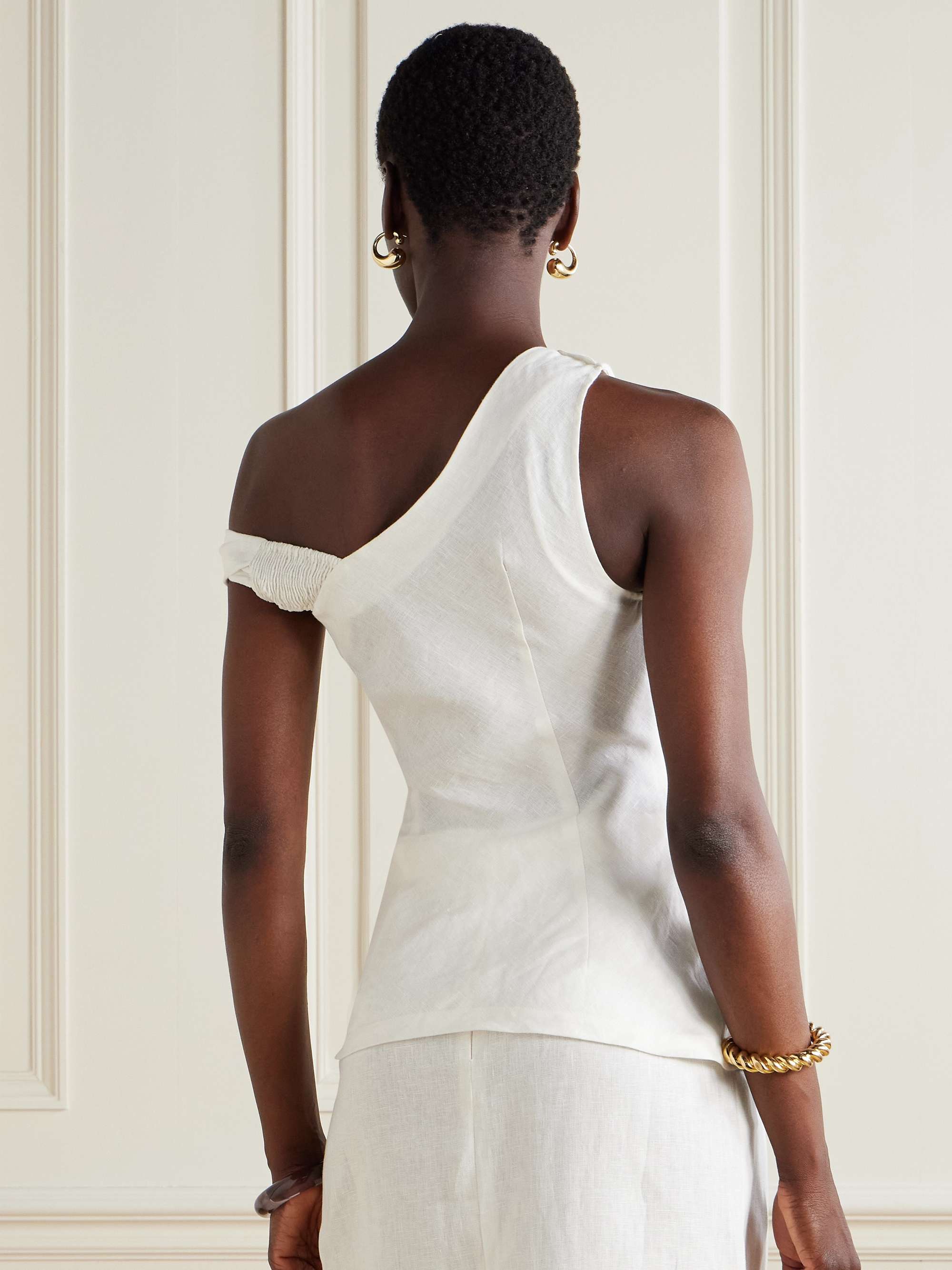 Suis off-the-shoulder draped linen top view
