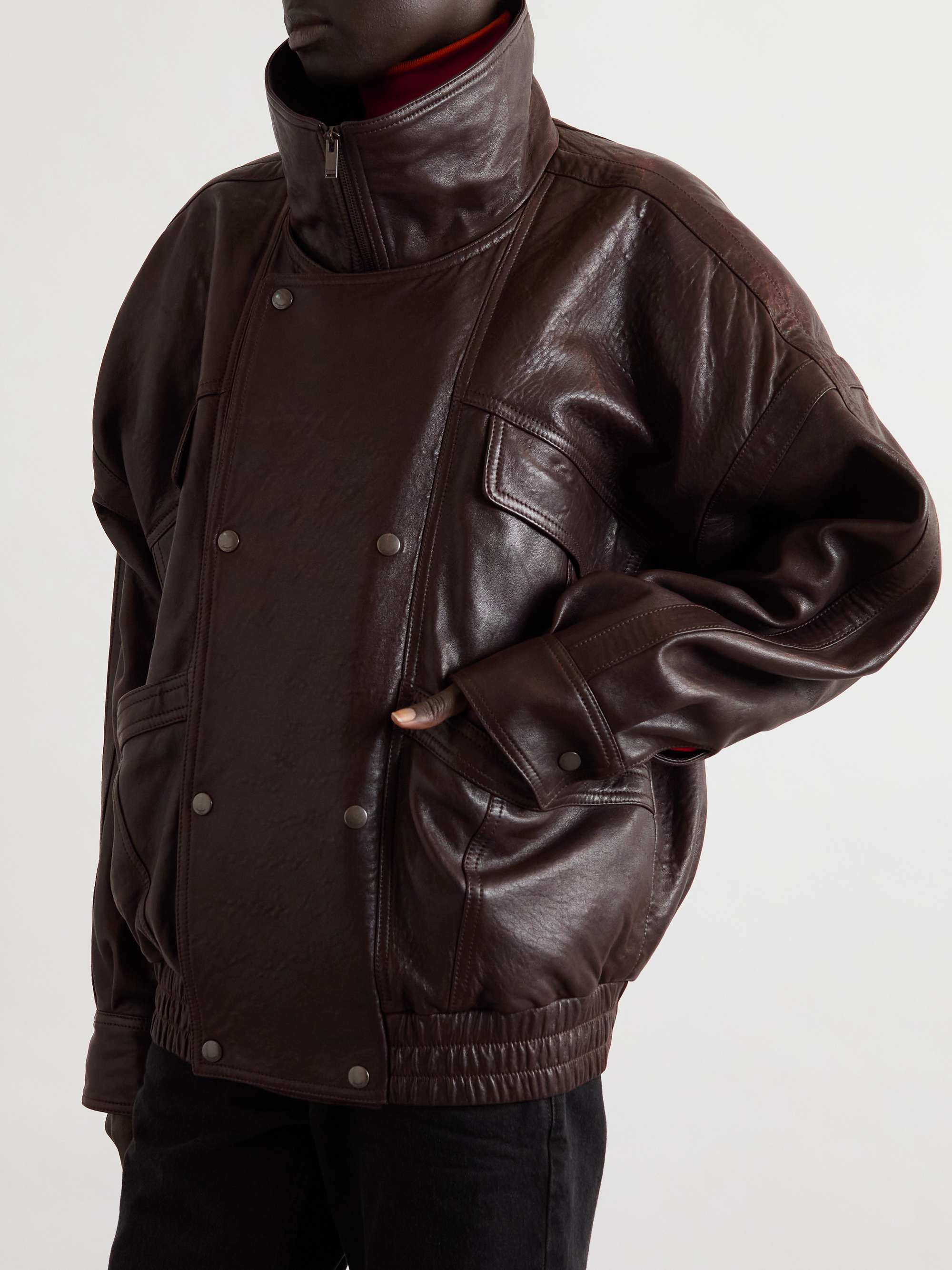 Oversized double-breasted paneled leather jacket view