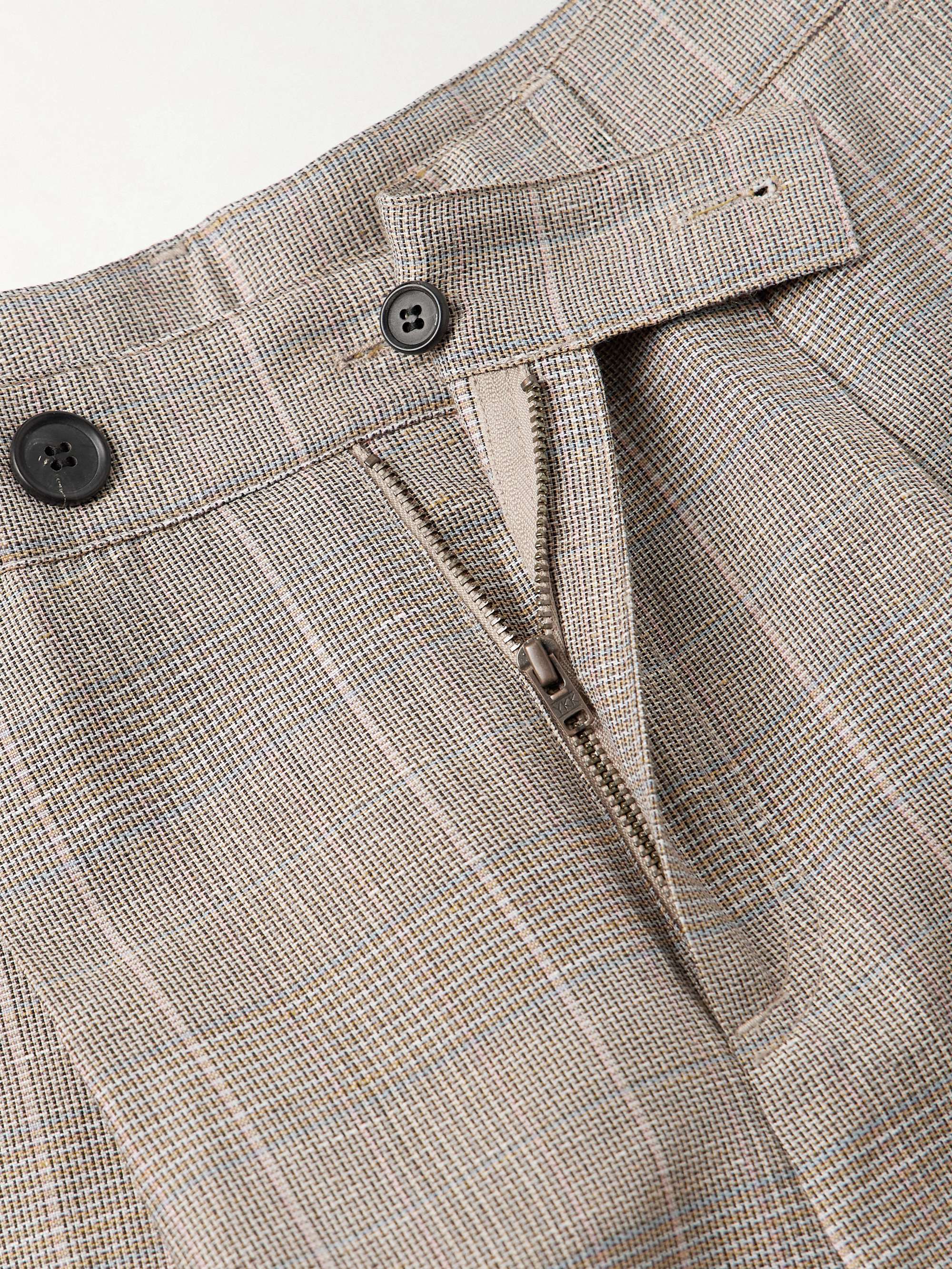 Straight-Leg Pleated Checked Linen and Wool-Blend Trousers view
