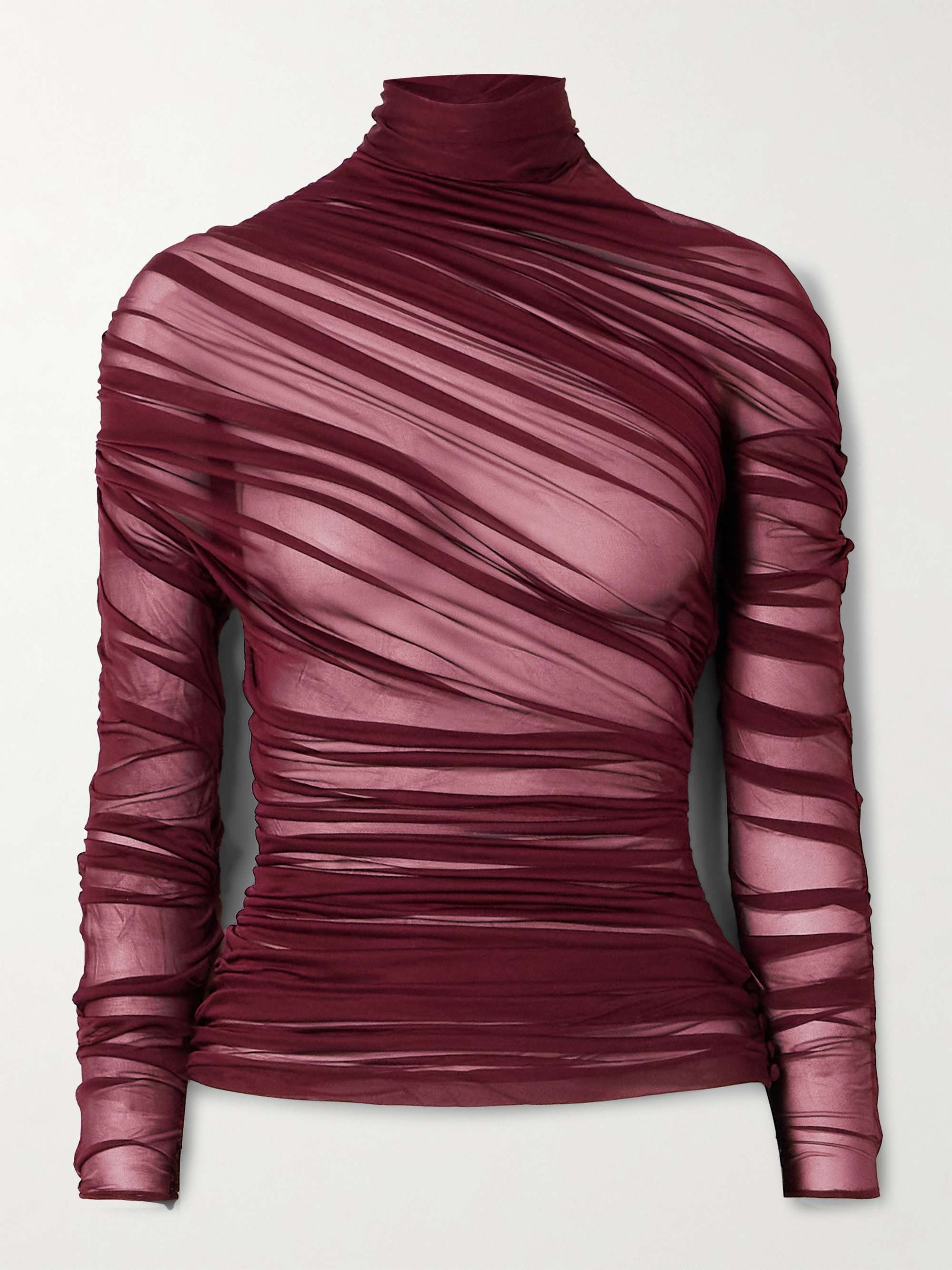 Draped ruched jersey turtleneck top view