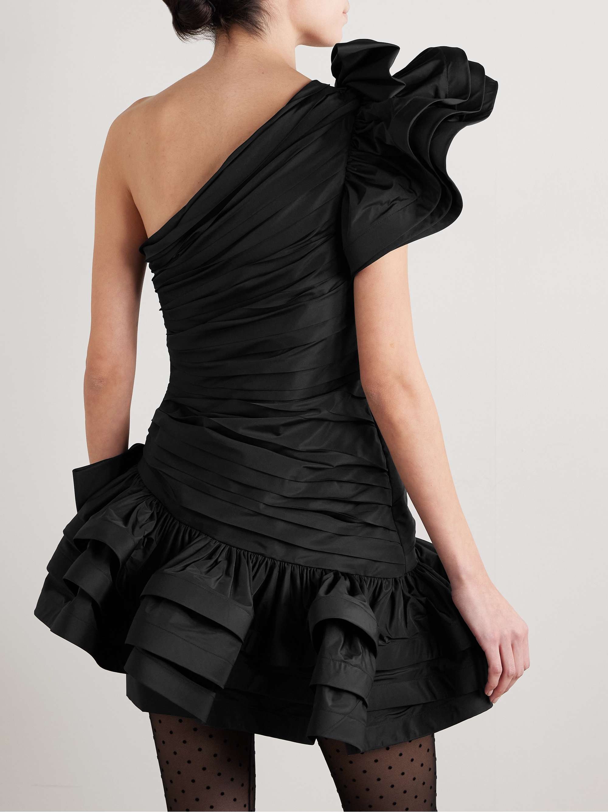 One-shoulder bow-embellished ruched taffeta mini dress view