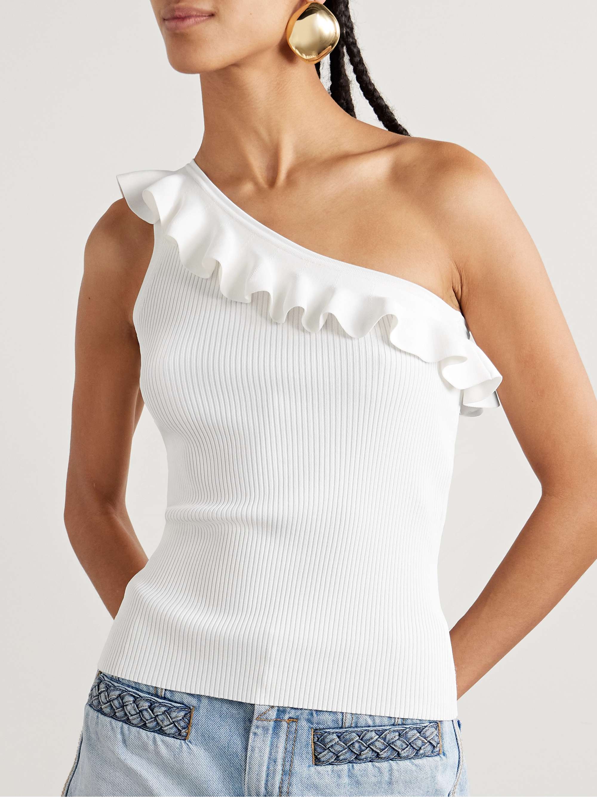 Rhiannon one-shoulder ruffled ribbed-knit top view