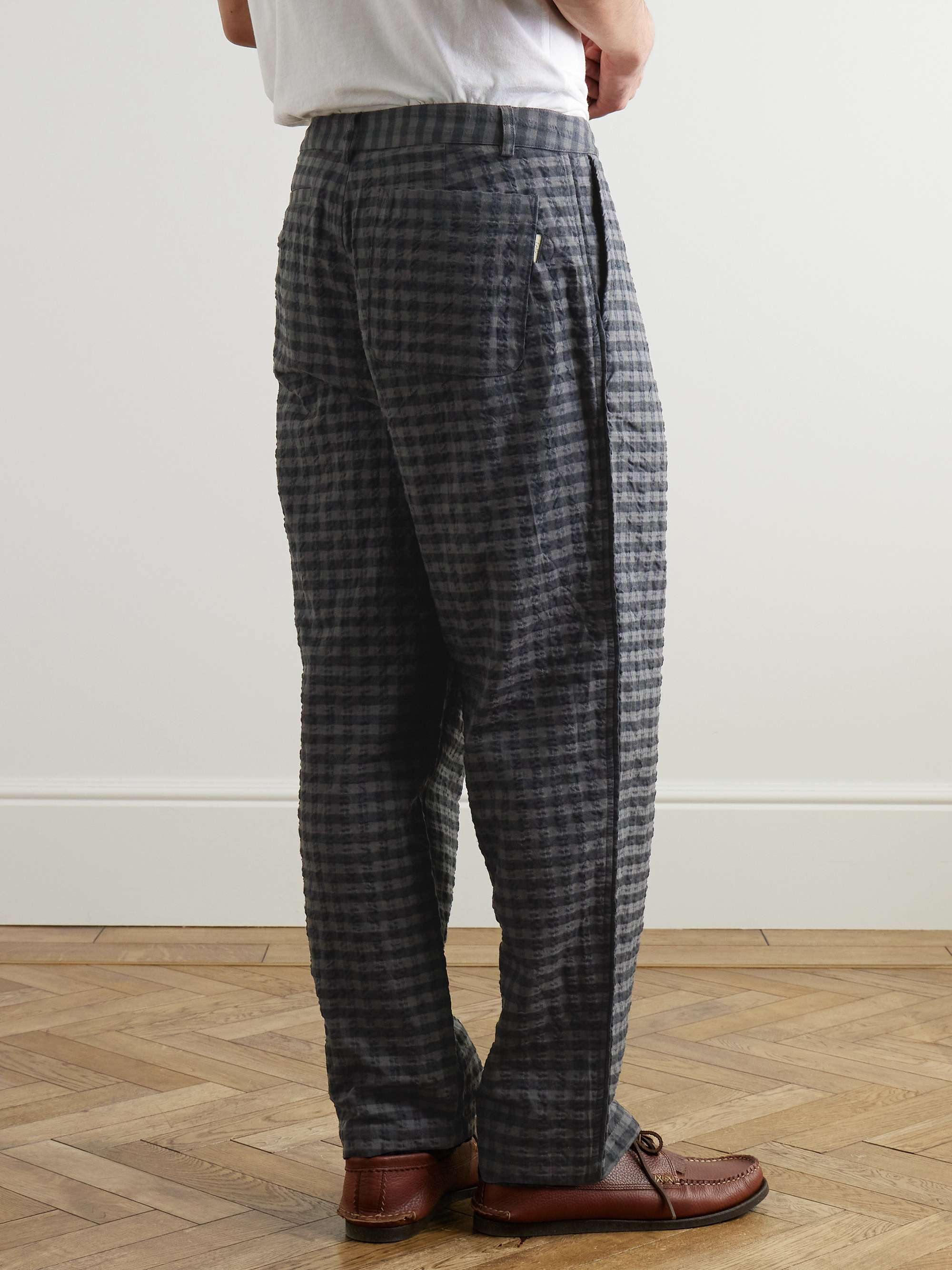 Wide-Leg Pleated Checked Seersucker Trousers view
