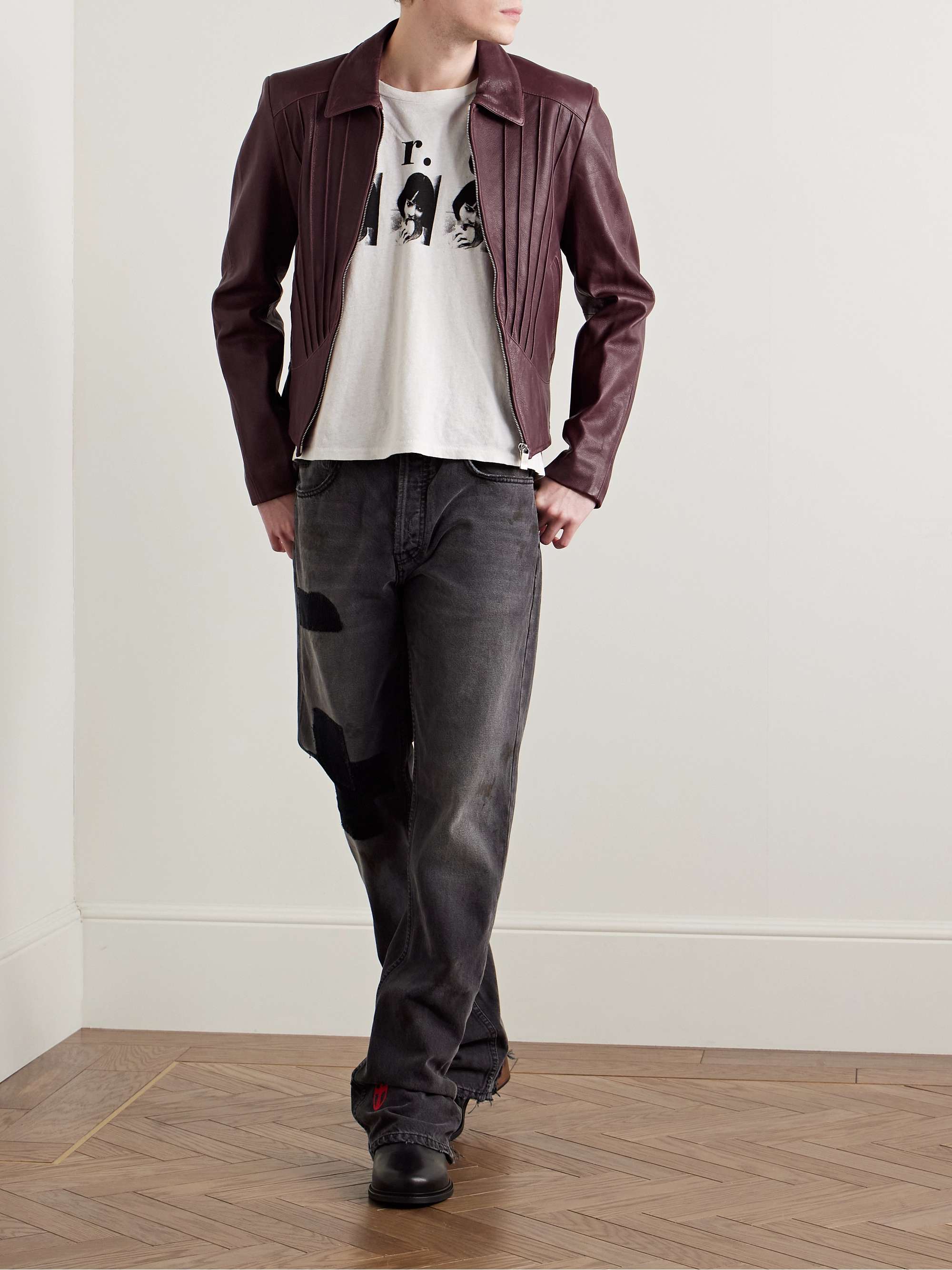 Slim-Fit Pintucked Full-Grain Leather Jacket view